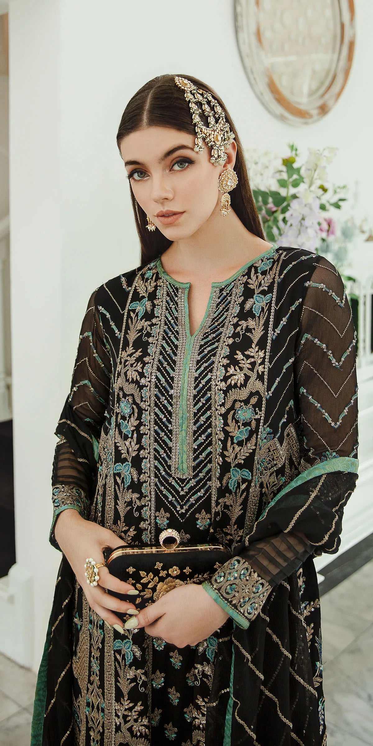 Pakistani Black Embroidered Chiffon Salwar Kameez (3-Piece) - Image 2