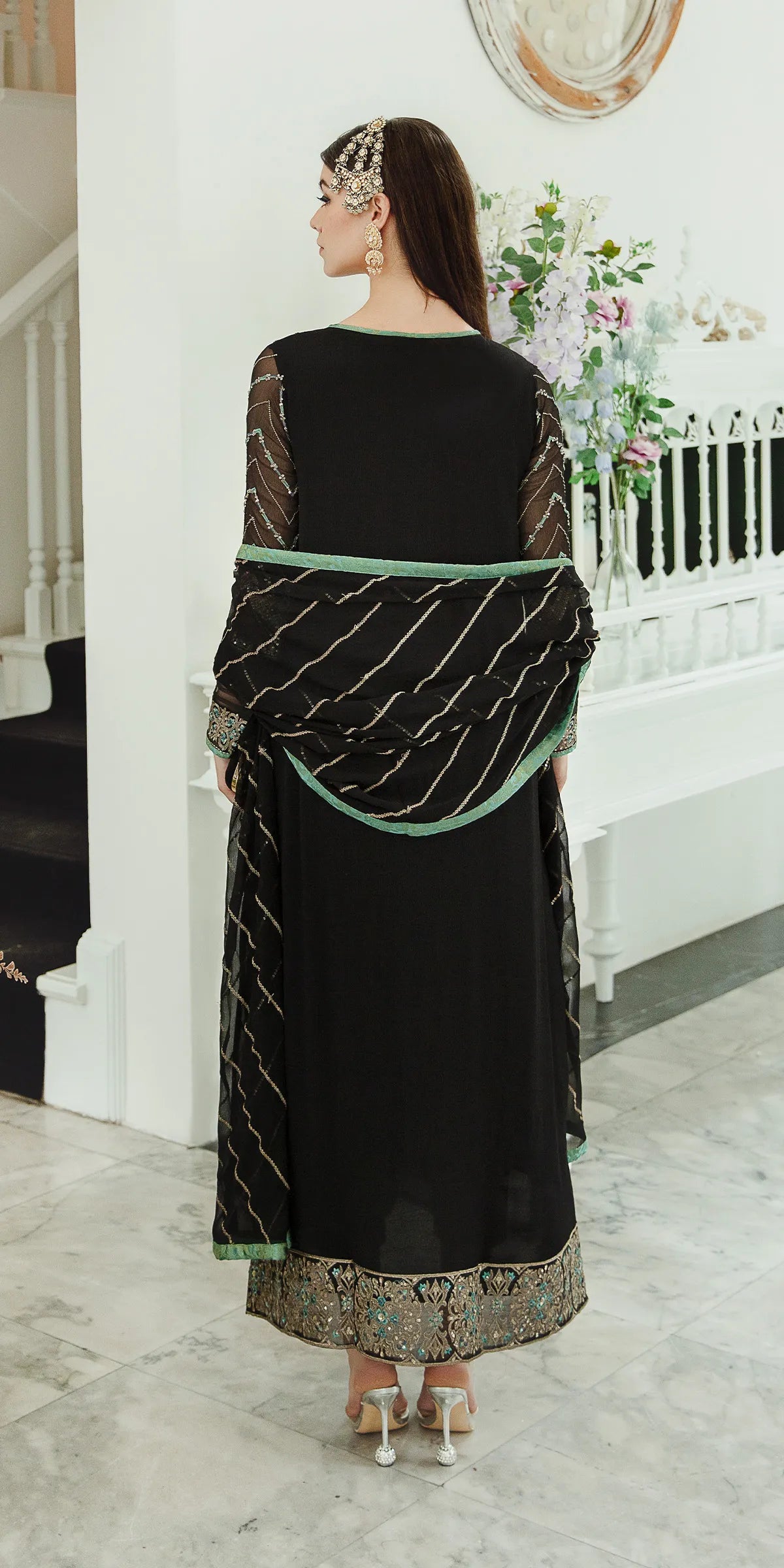 Pakistani Black Embroidered Chiffon Salwar Kameez (3-Piece) - Image 3