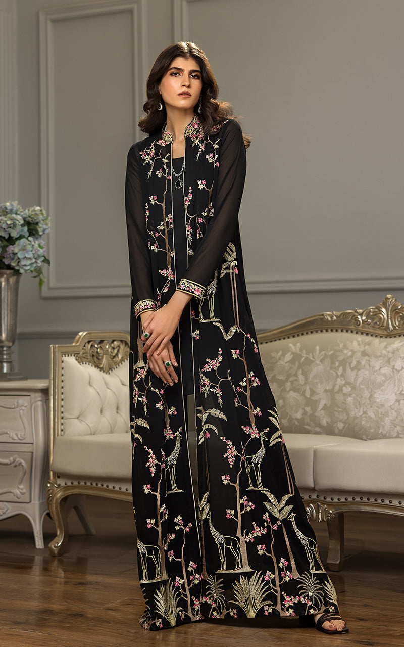Pakistani Black Embroidered Chiffon Long Jacket (2-Piece) - Image 1