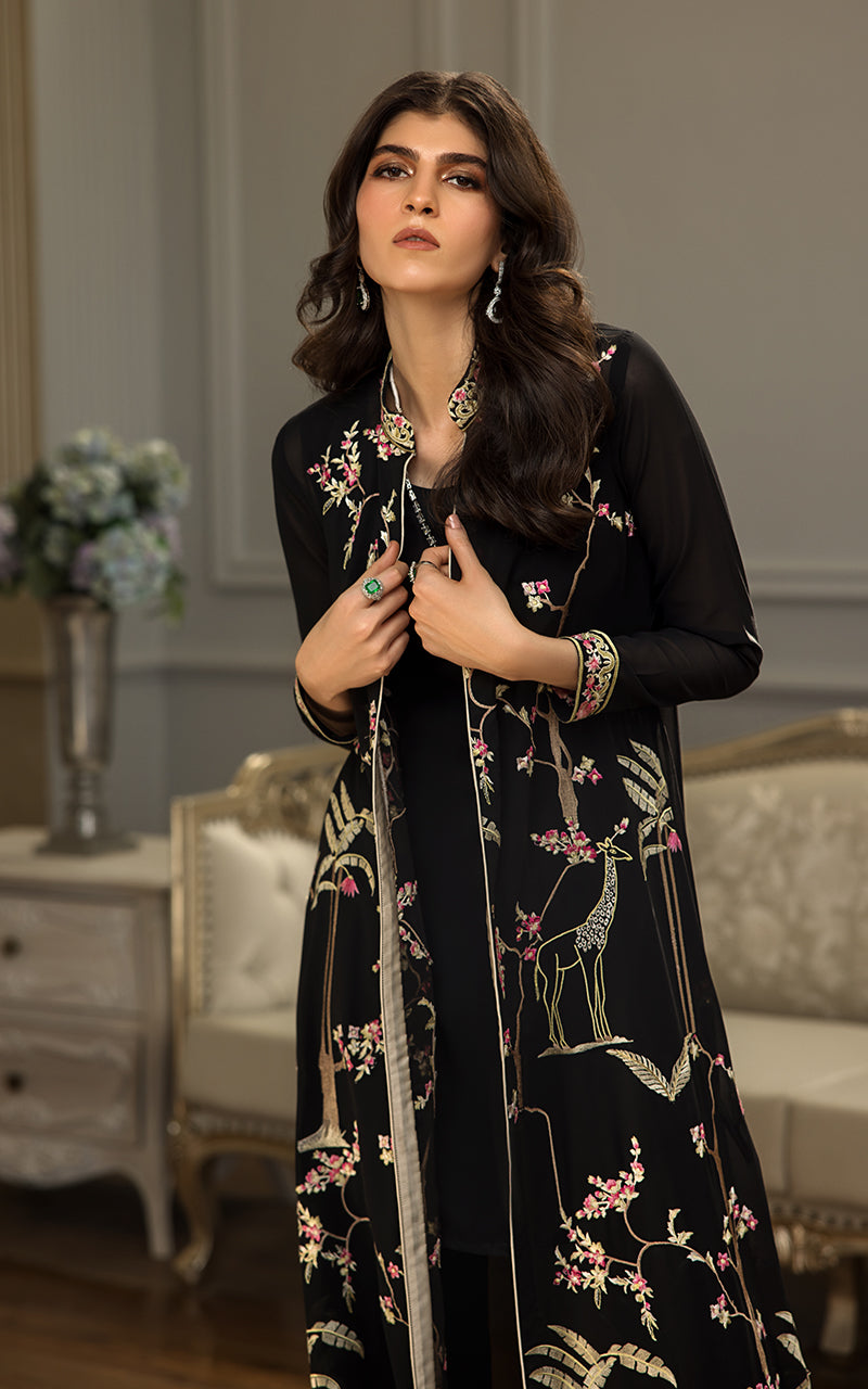 Pakistani Black Embroidered Chiffon Long Jacket (2-Piece) - Image 2