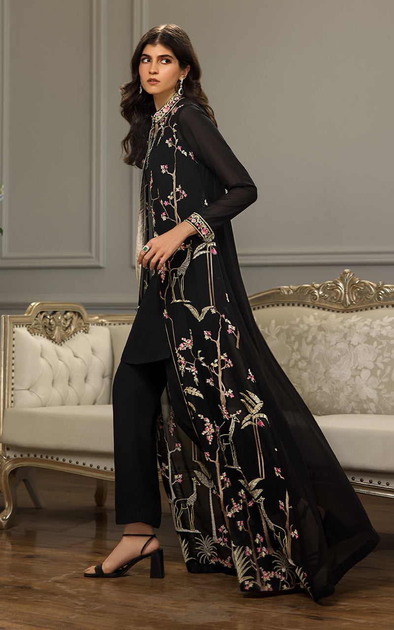Pakistani Black Embroidered Chiffon Long Jacket (2-Piece) - Image 3