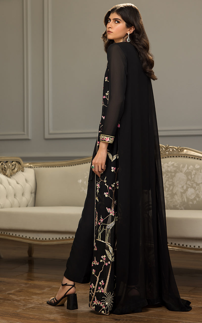 Pakistani Black Embroidered Chiffon Long Jacket (2-Piece) - Image 4