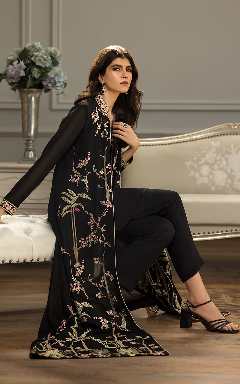 Pakistani Black Embroidered Chiffon Long Jacket (2-Piece) - Image 5