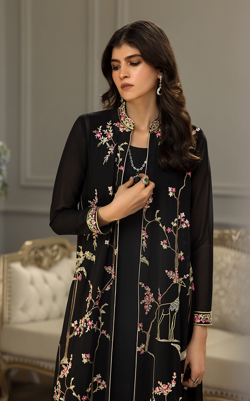 Pakistani Black Embroidered Chiffon Long Jacket (2-Piece) - Image 6