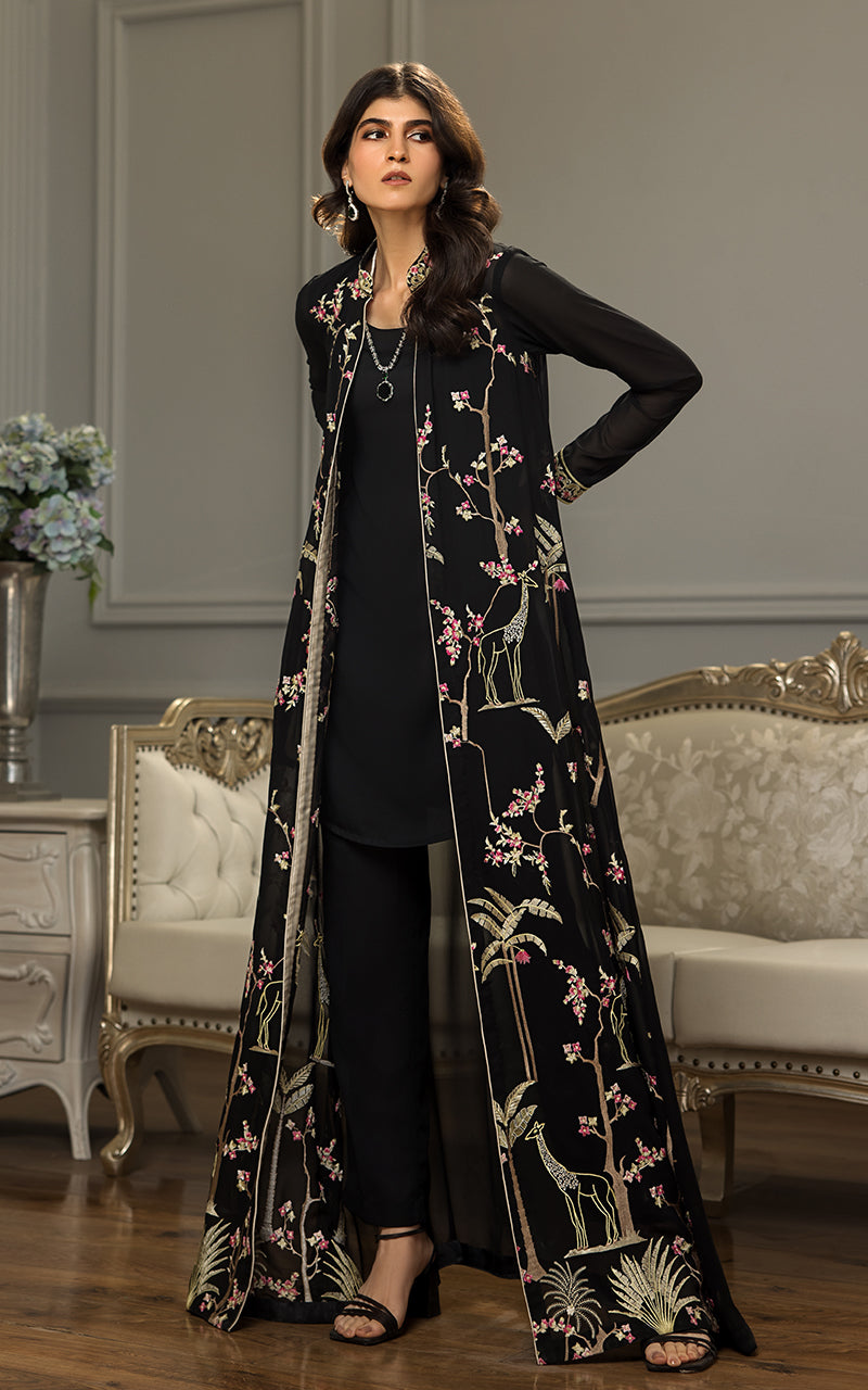 Pakistani Black Embroidered Chiffon Long Jacket (2-Piece) - Image 7