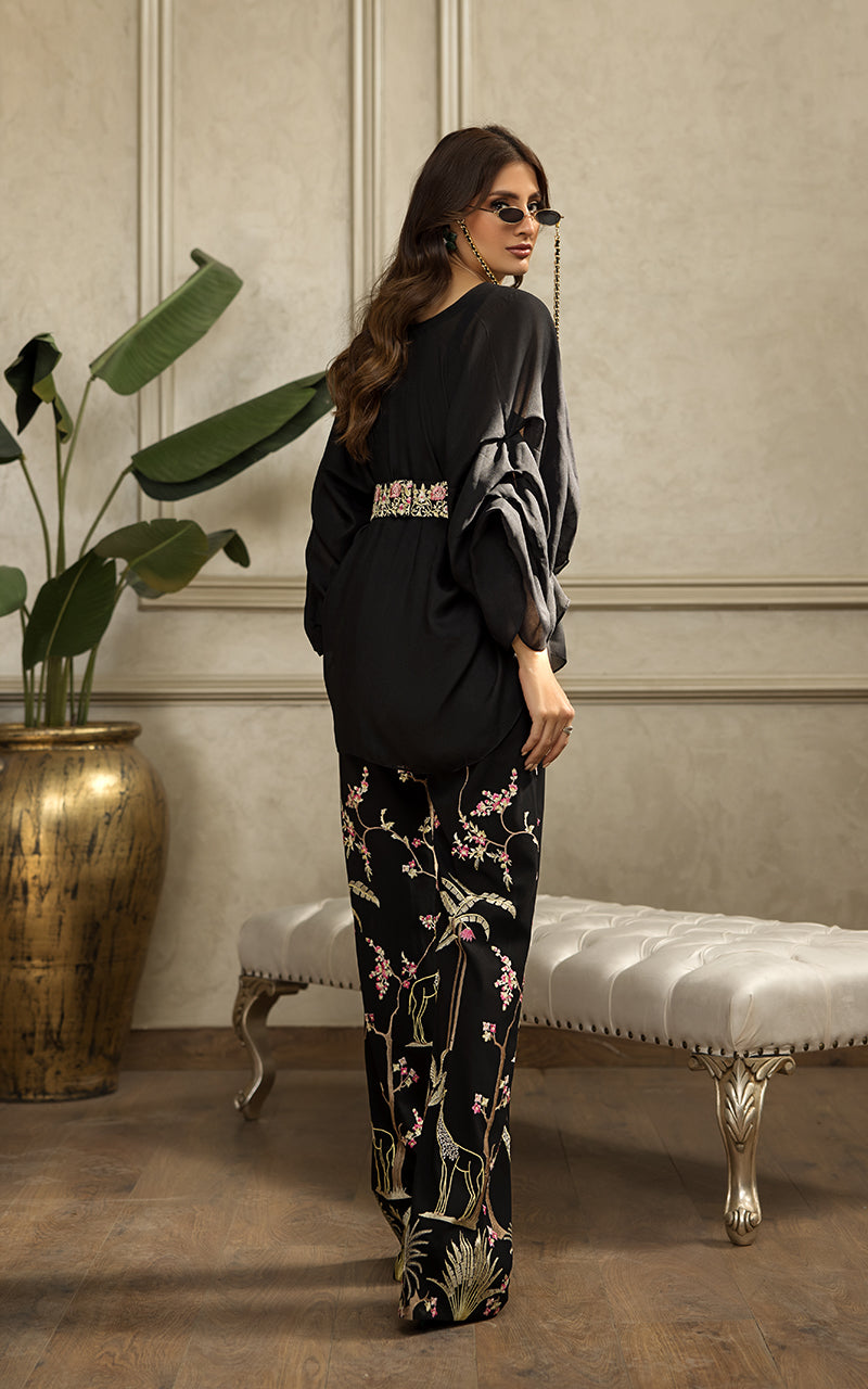 Black Embroidered Chiffon Salwar Kameez (2-Piece) - Image 3