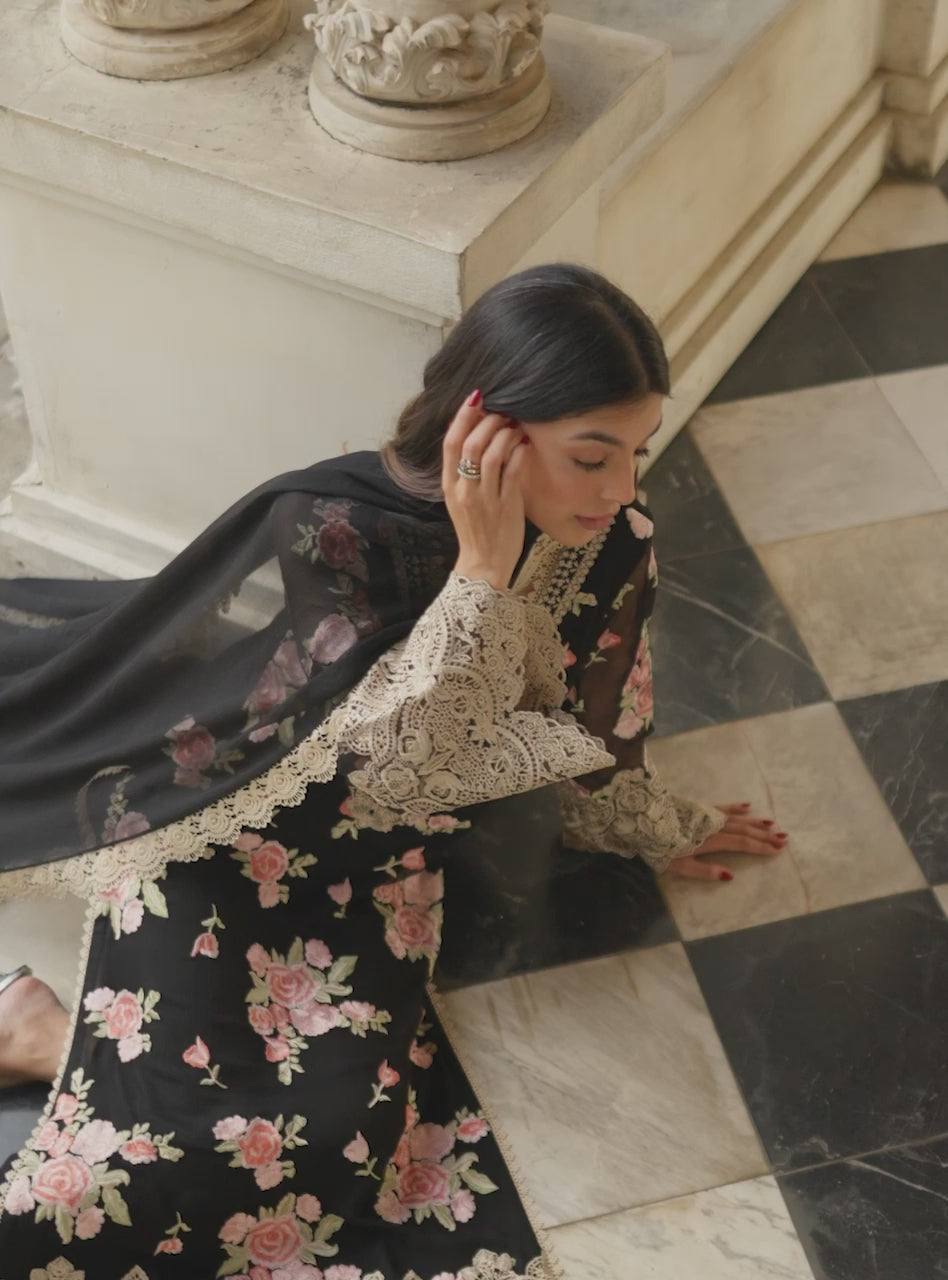 Black Floral Embroidered Chiffon Salwar Kameez (3-Piece) - Image 10