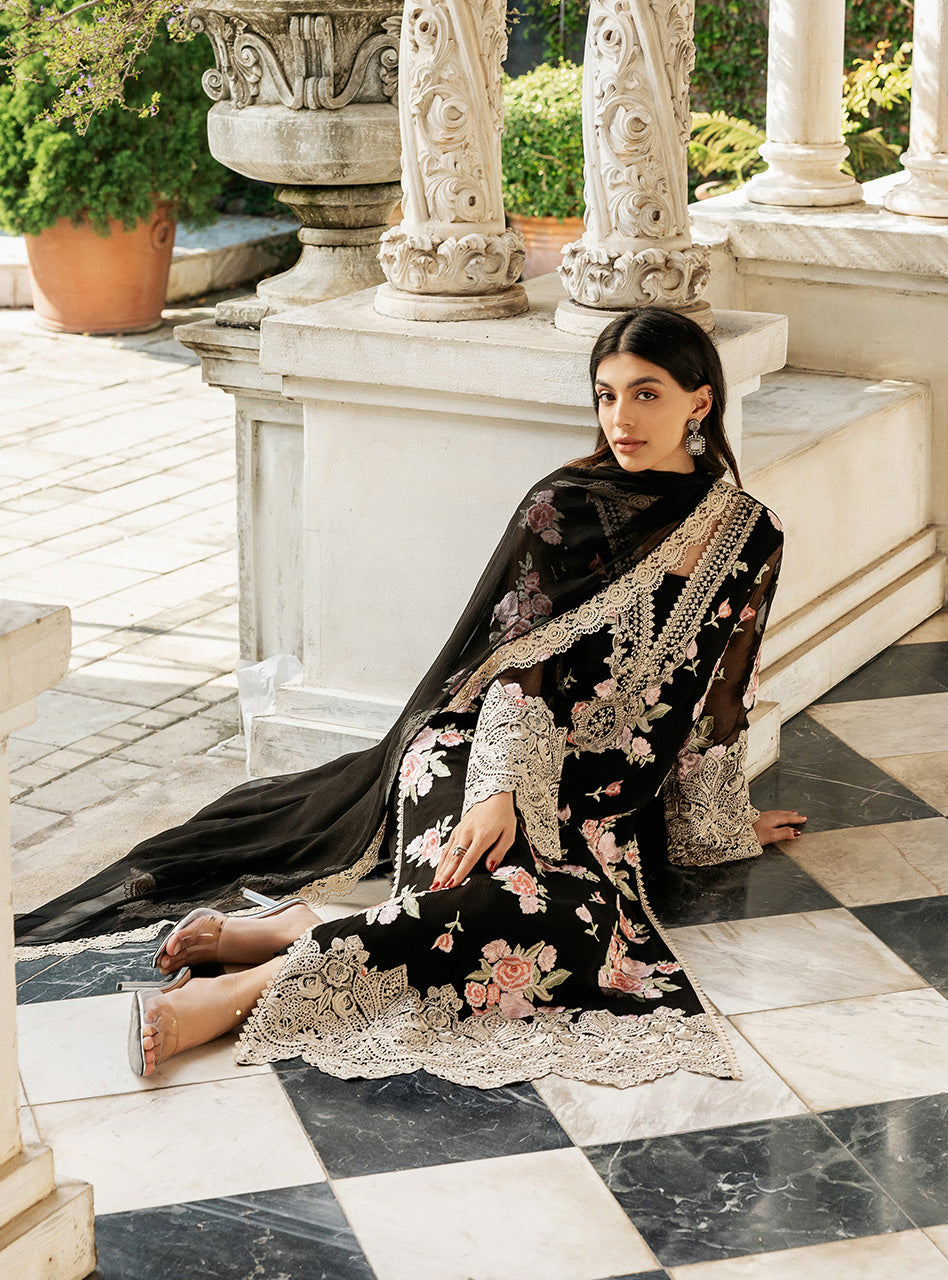 Black Floral Embroidered Chiffon Salwar Kameez (3-Piece) - Image 11