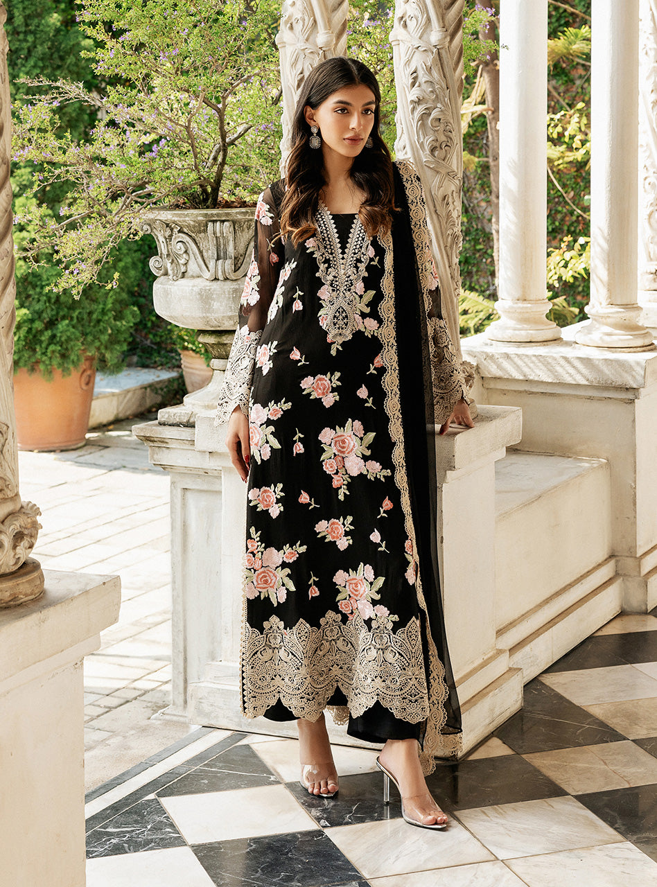 Black Floral Embroidered Chiffon Salwar Kameez (3-Piece) - Image 9