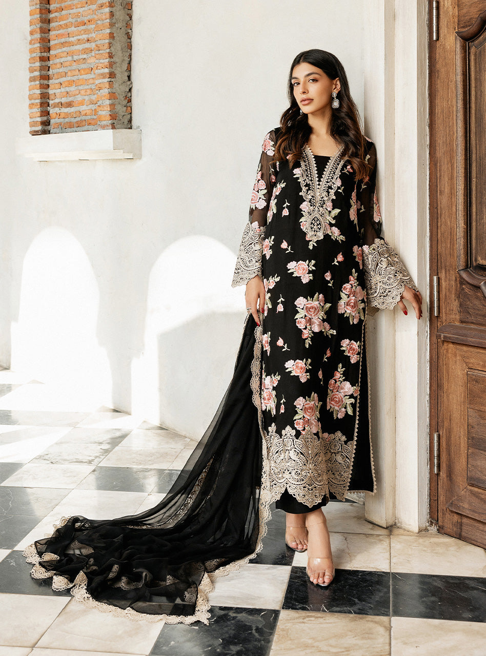 Black Floral Embroidered Chiffon Salwar Kameez (3-Piece) - Image 1