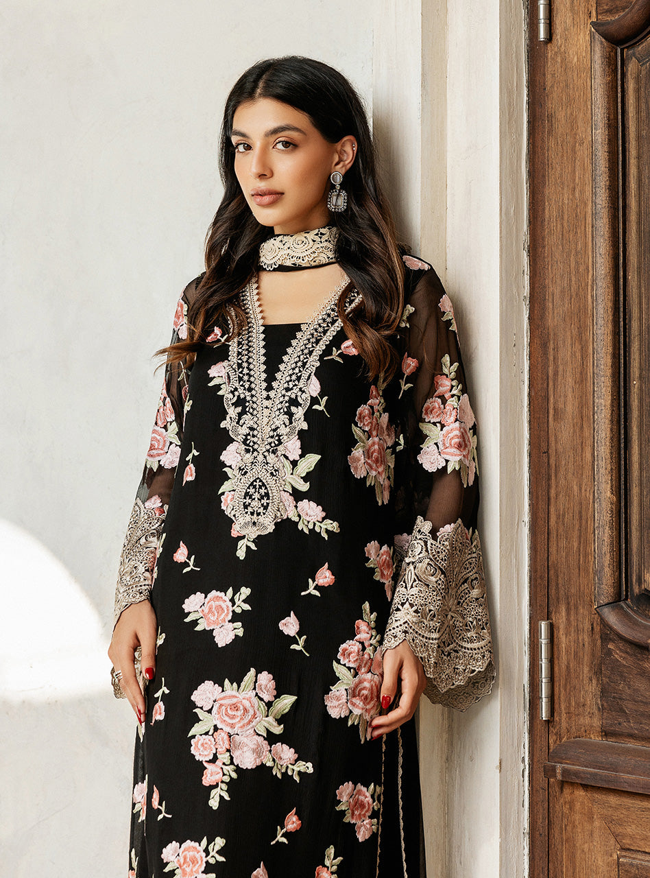 Black Floral Embroidered Chiffon Salwar Kameez (3-Piece) - Image 2