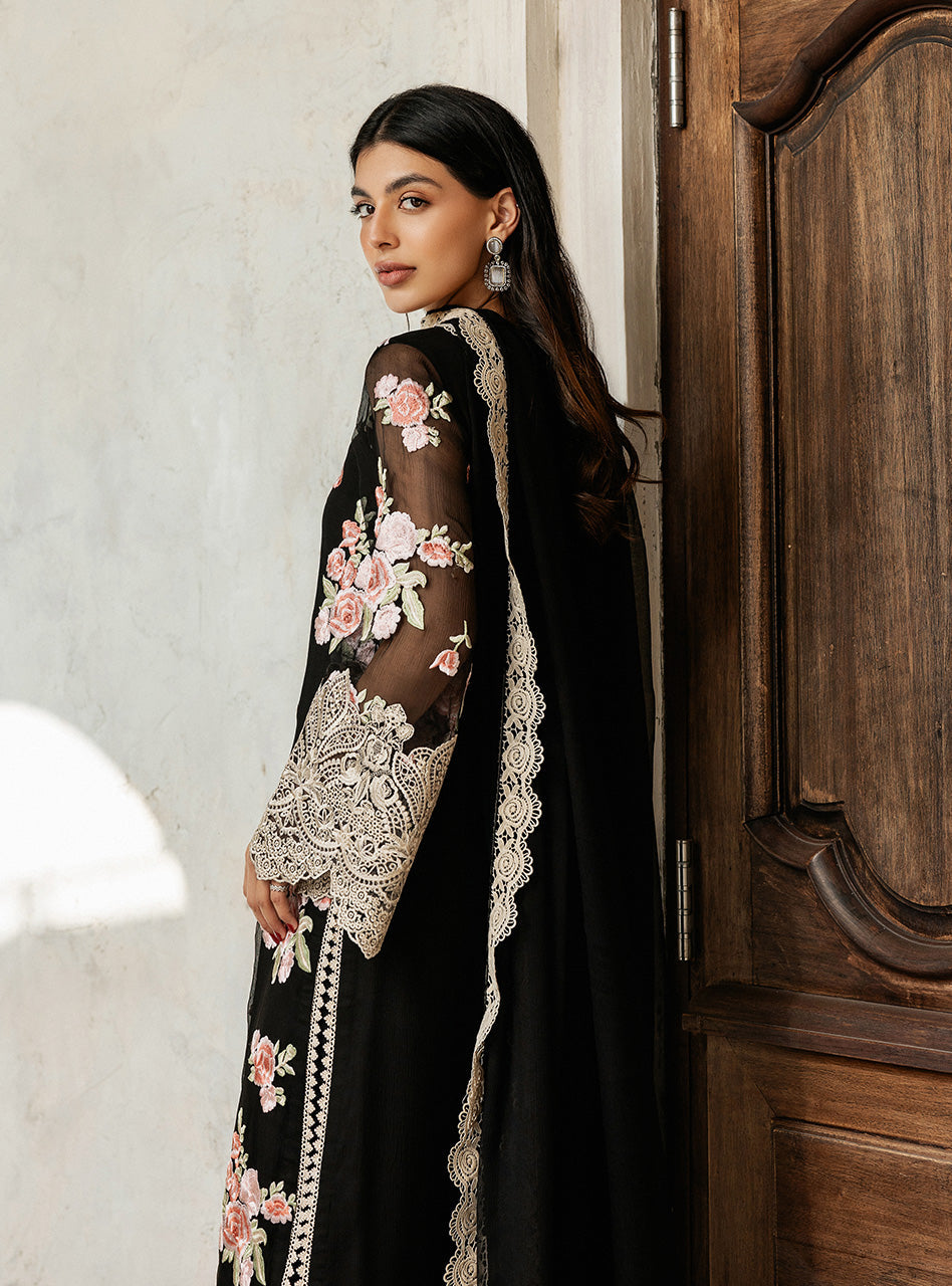 Black Floral Embroidered Chiffon Salwar Kameez (3-Piece) - Image 4