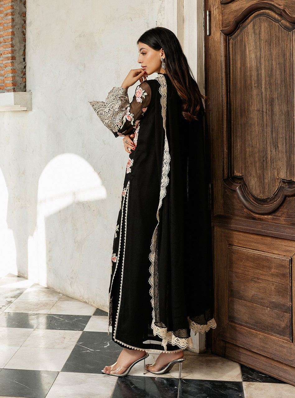 Black Floral Embroidered Chiffon Salwar Kameez (3-Piece) - Image 8