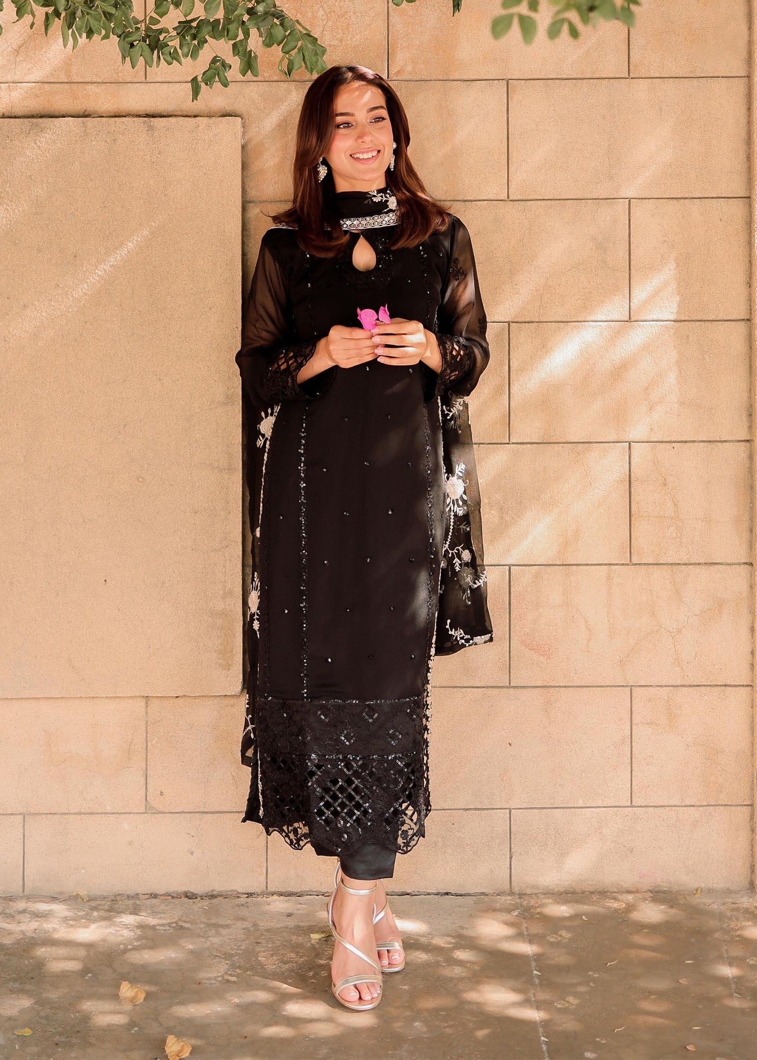 Black Embroidered Chiffon Straight Kurta Set (3-Piece) - Image 2