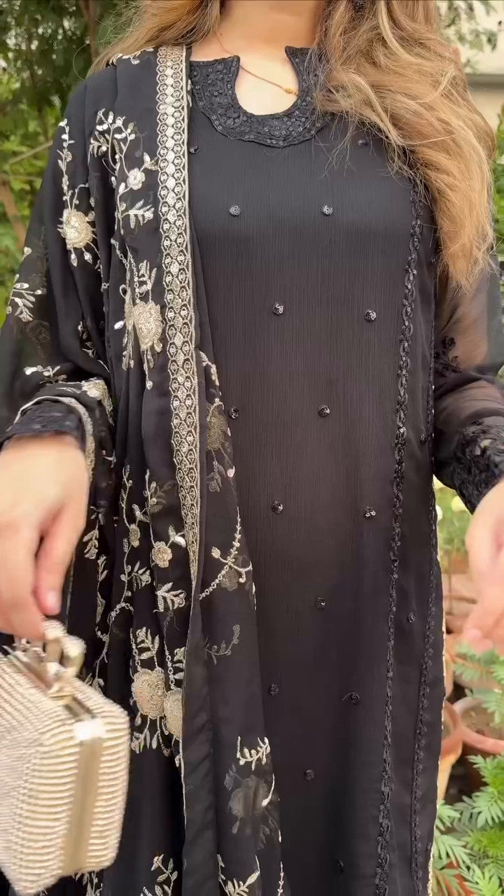 Black Embroidered Chiffon Straight Kurta Set (3-Piece) - Image 8