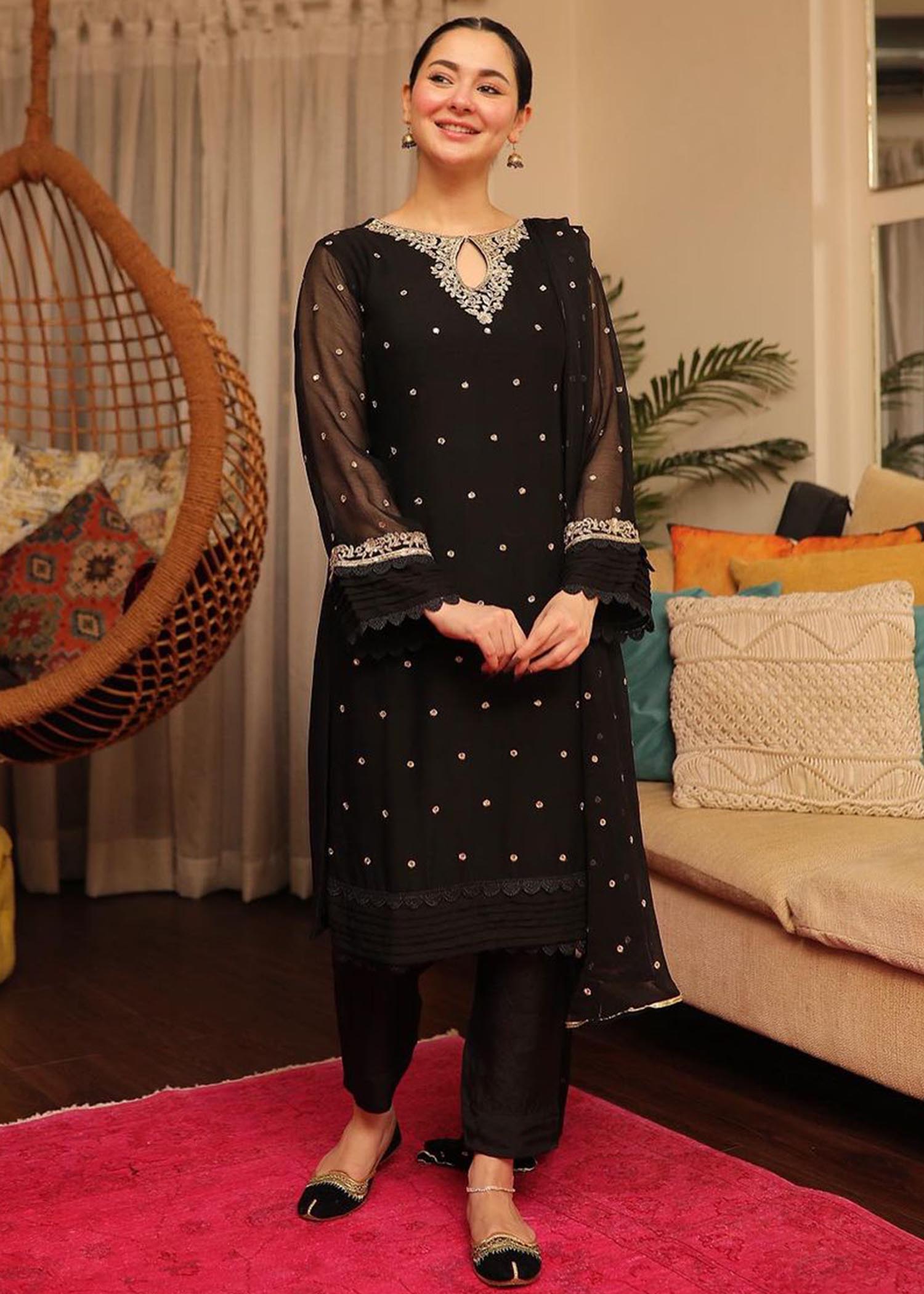 Pakistani Black Embroidered Chiffon Straight Kurta Set (3-Piece) - Image 1