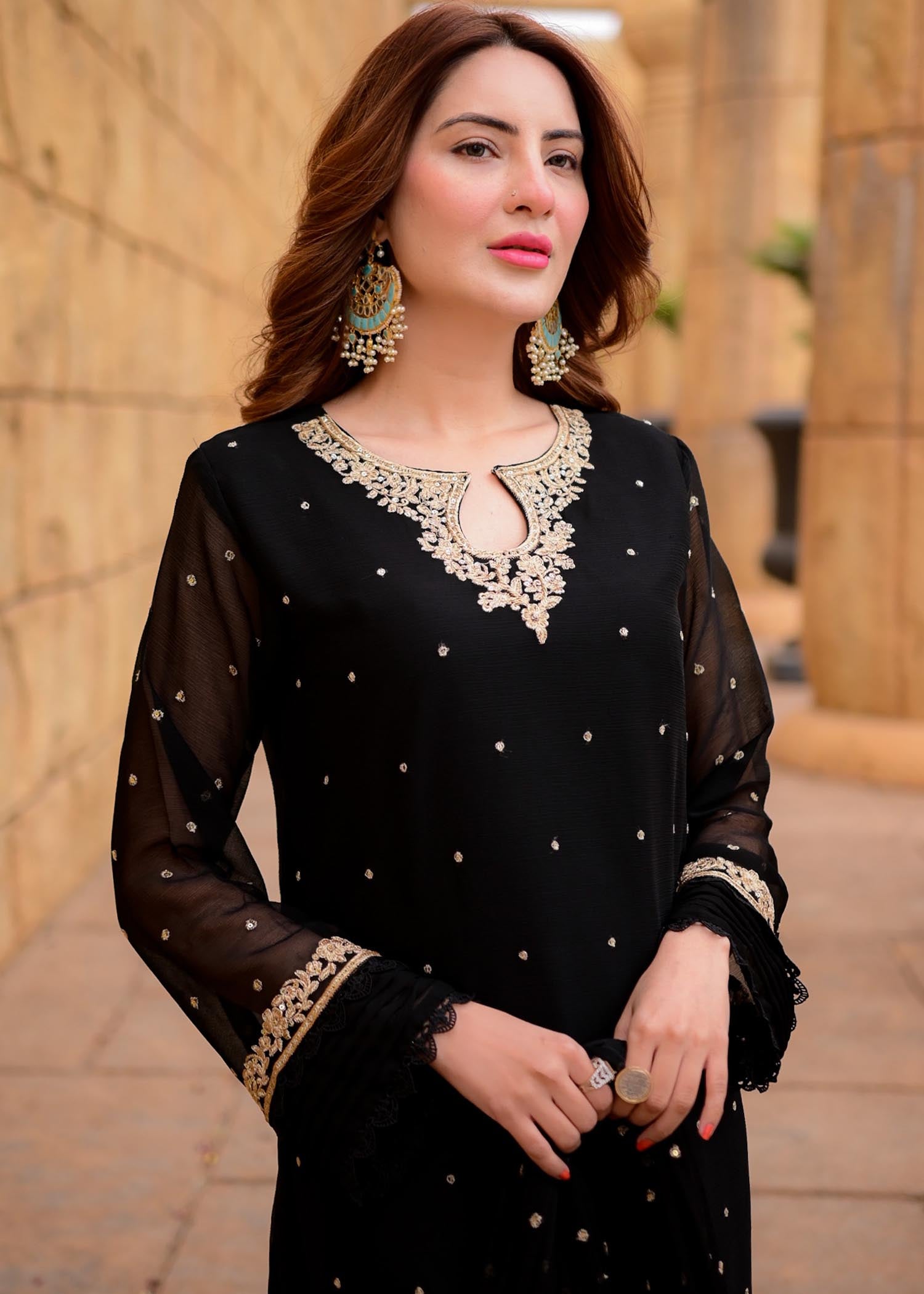 Pakistani Black Embroidered Chiffon Straight Kurta Set (3-Piece) - Image 11