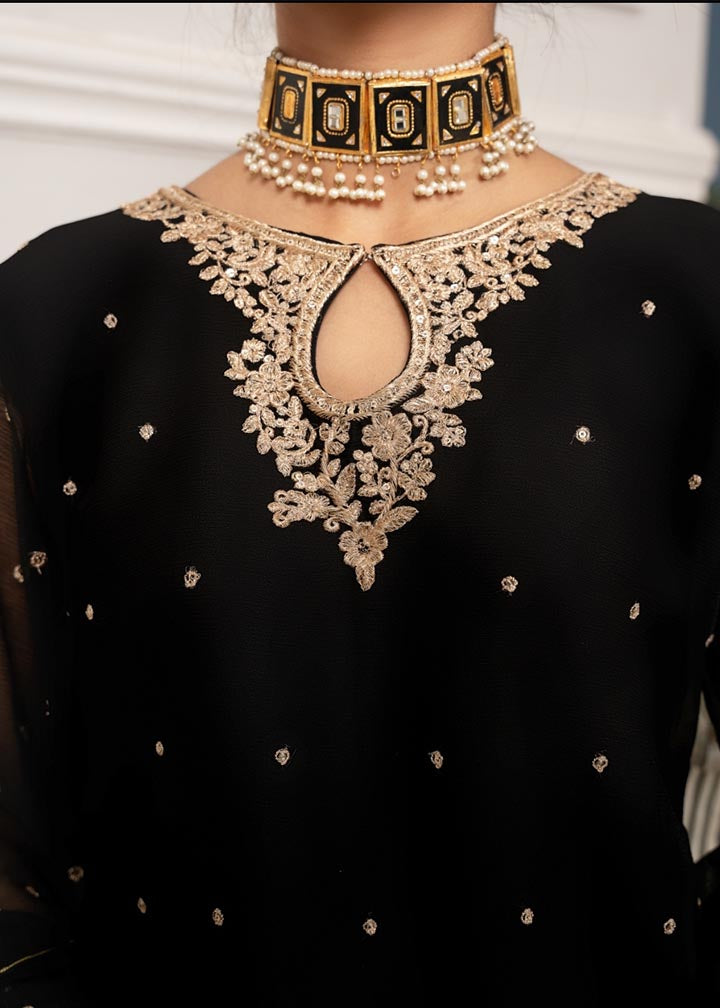 Pakistani Black Embroidered Chiffon Straight Kurta Set (3-Piece) - Image 12