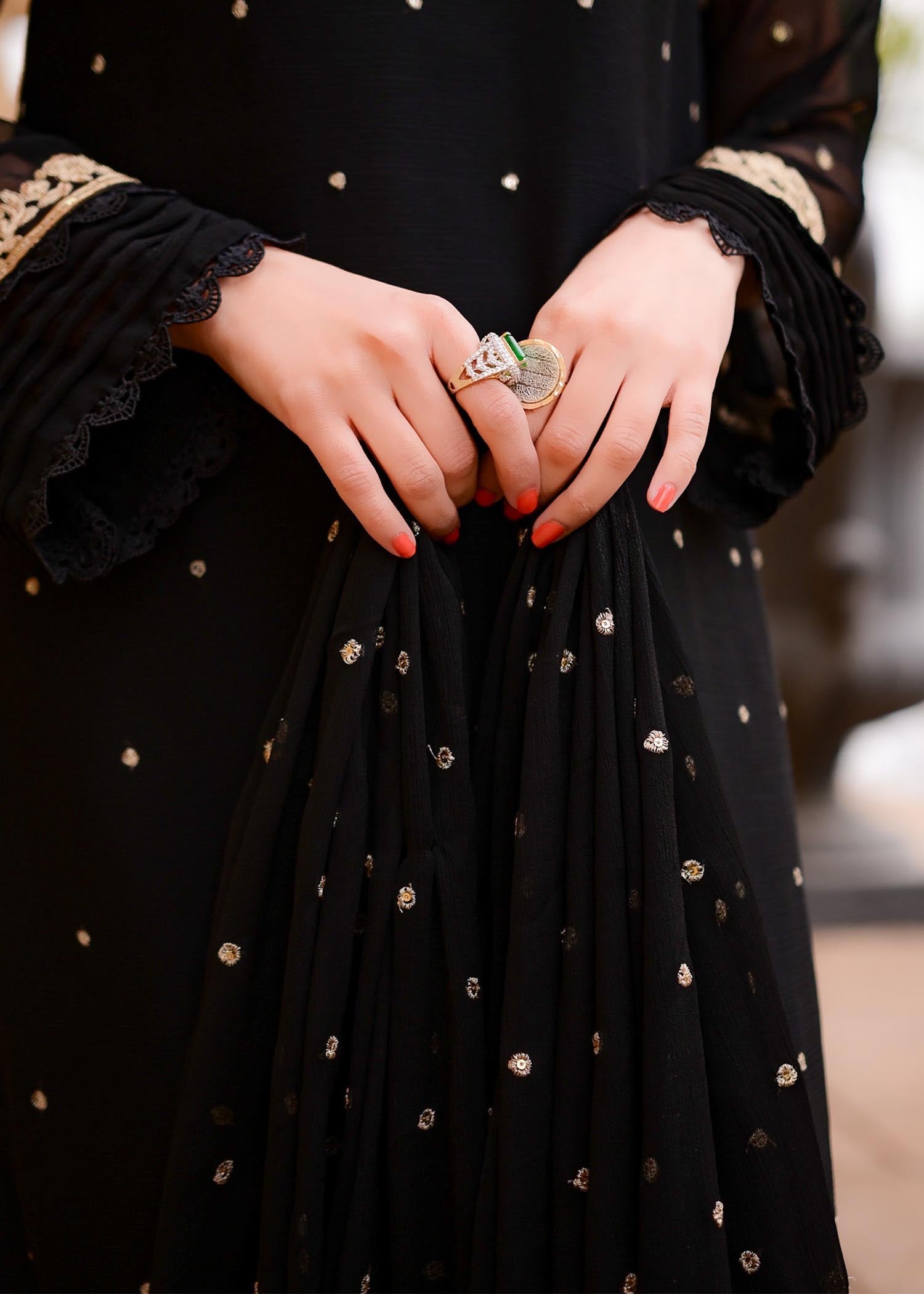 Pakistani Black Embroidered Chiffon Straight Kurta Set (3-Piece) - Image 13