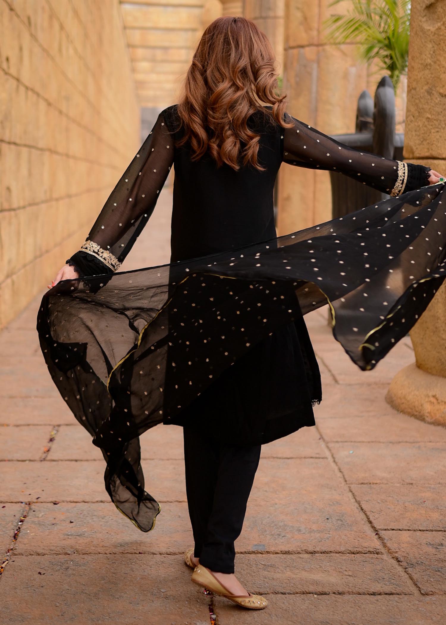 Pakistani Black Embroidered Chiffon Straight Kurta Set (3-Piece) - Image 14