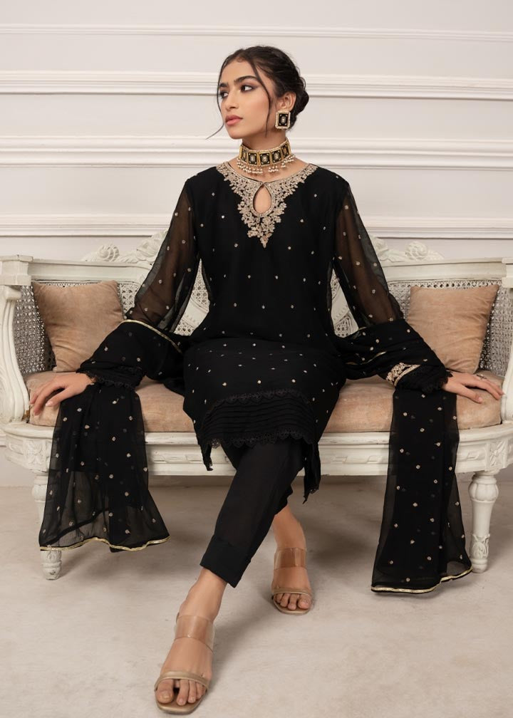 Pakistani Black Embroidered Chiffon Straight Kurta Set (3-Piece) - Image 15