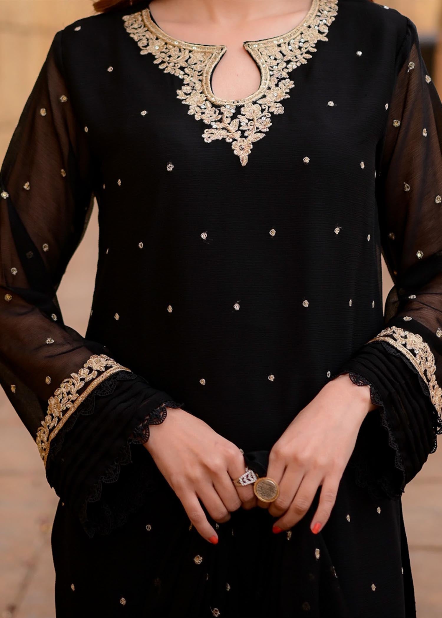 Pakistani Black Embroidered Chiffon Straight Kurta Set (3-Piece) - Image 16