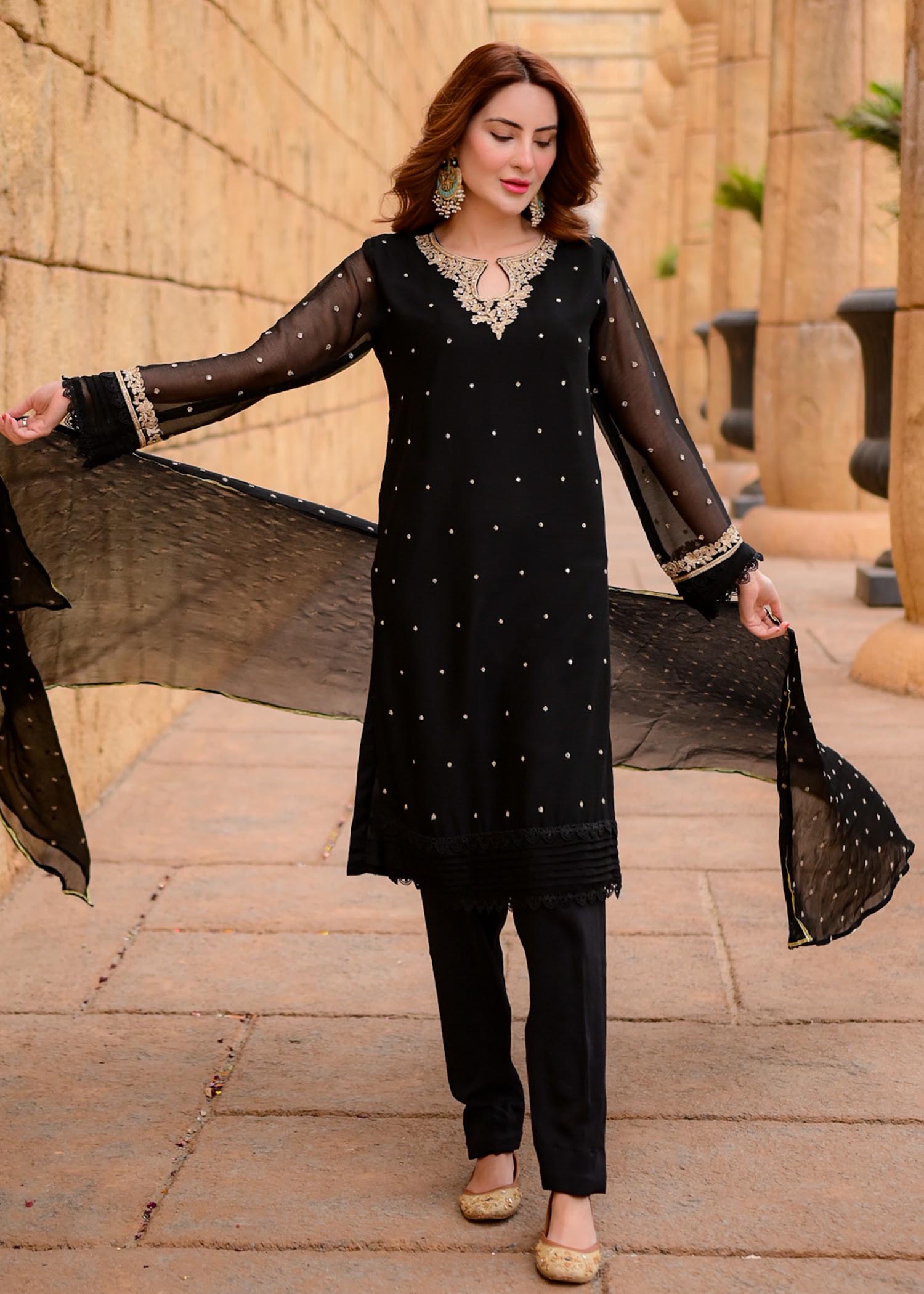 Pakistani Black Embroidered Chiffon Straight Kurta Set (3-Piece) - Image 19