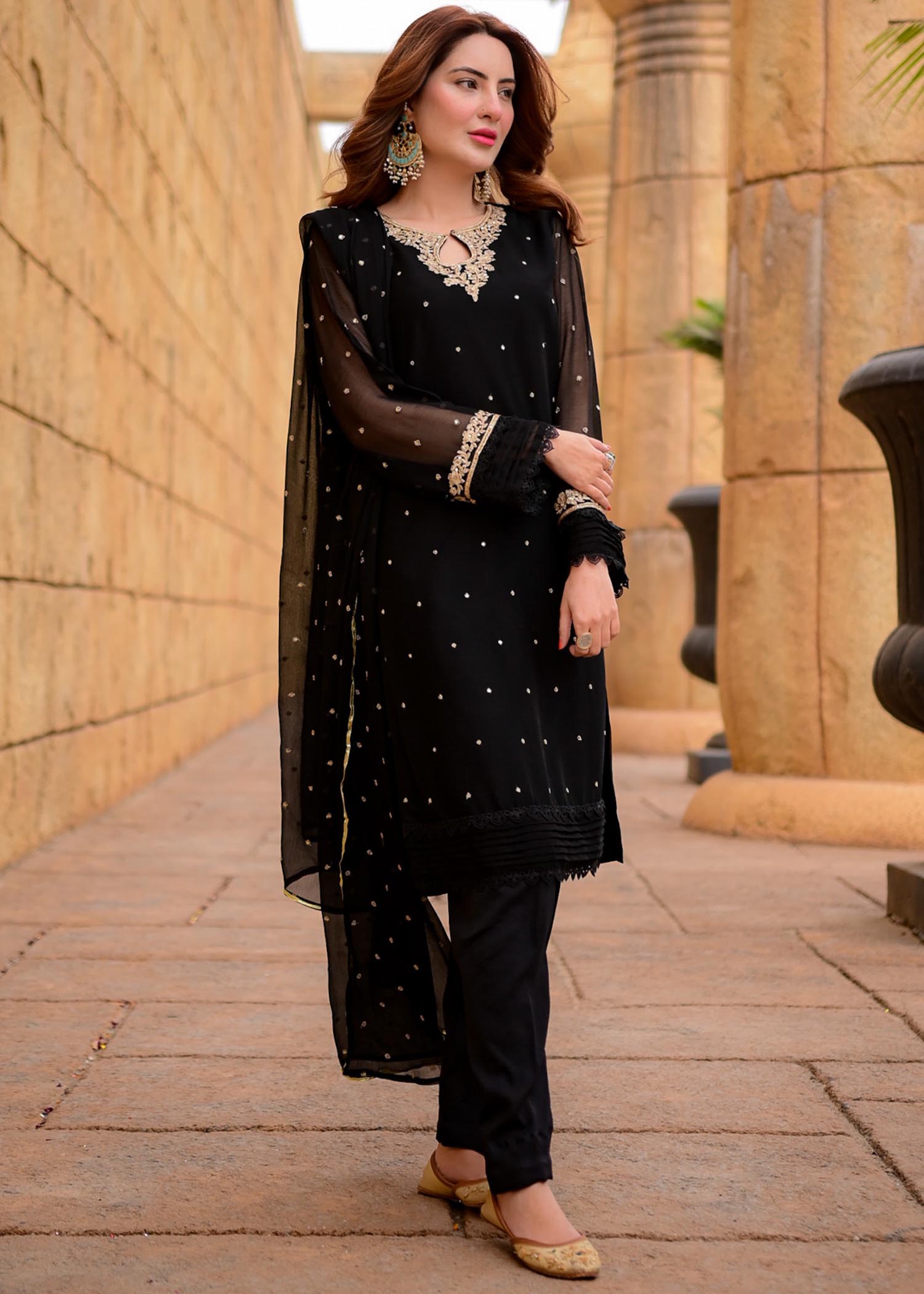 Pakistani Black Embroidered Chiffon Straight Kurta Set (3-Piece) - Image 21