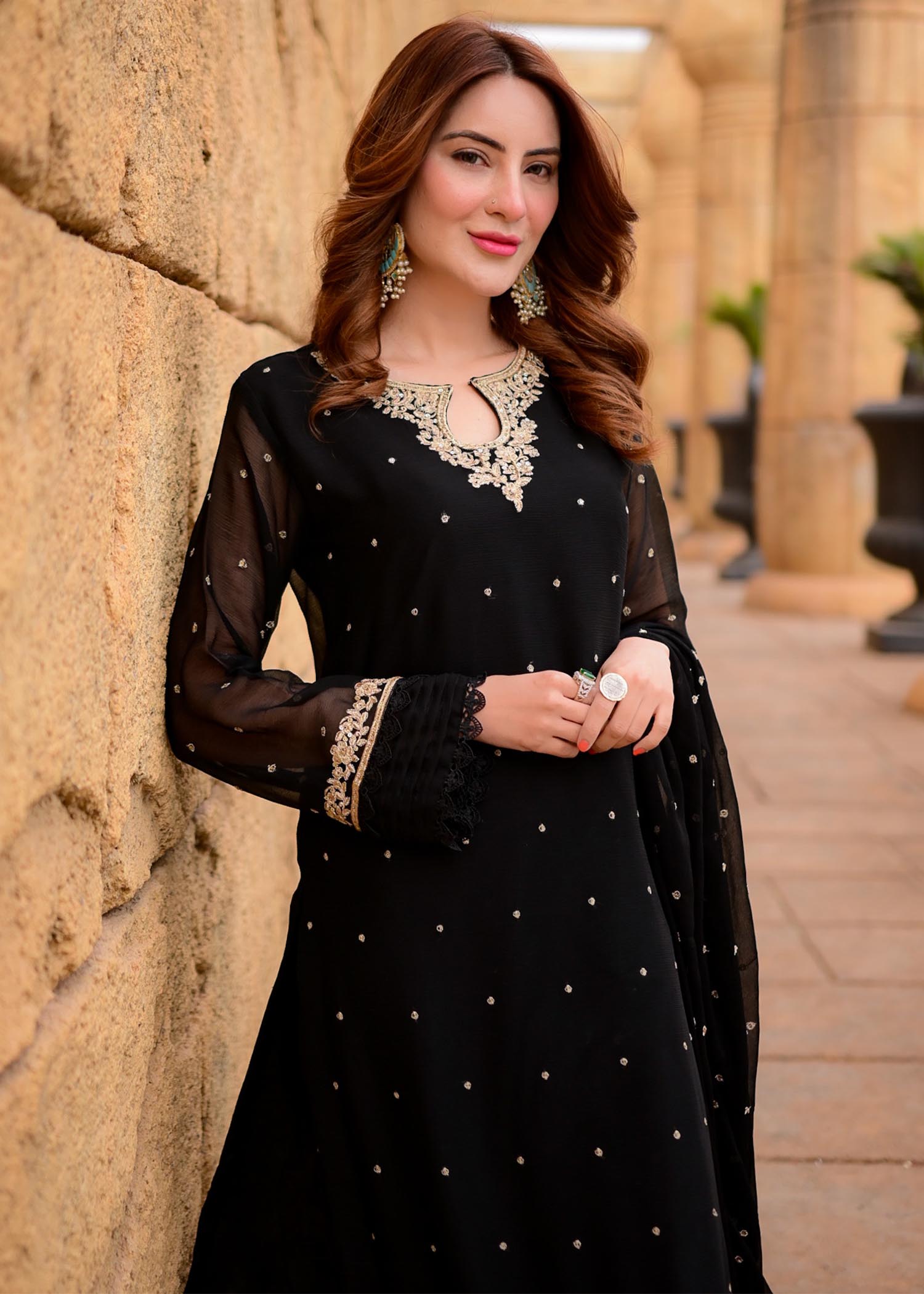 Pakistani Black Embroidered Chiffon Straight Kurta Set (3-Piece) - Image 22