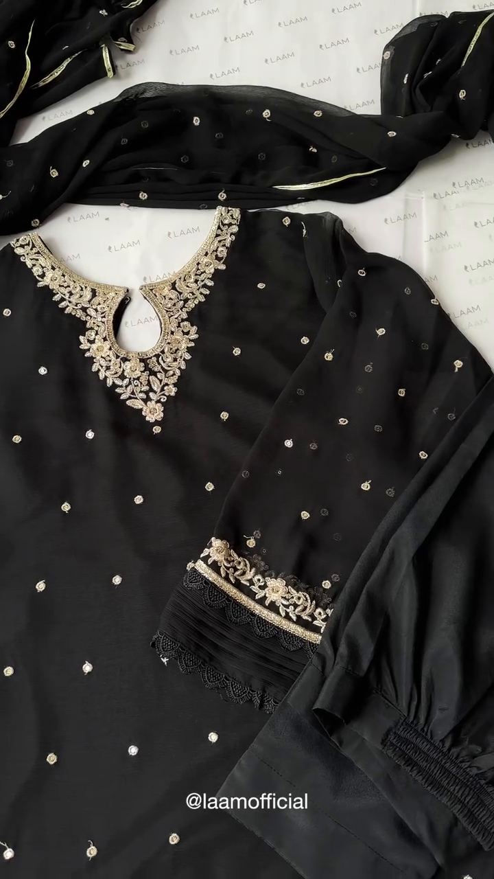 Pakistani Black Embroidered Chiffon Straight Kurta Set (3-Piece) - Image 23