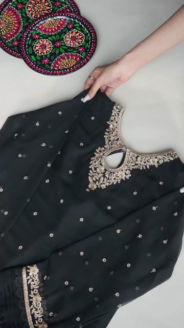 Pakistani Black Embroidered Chiffon Straight Kurta Set (3-Piece) - Image 24