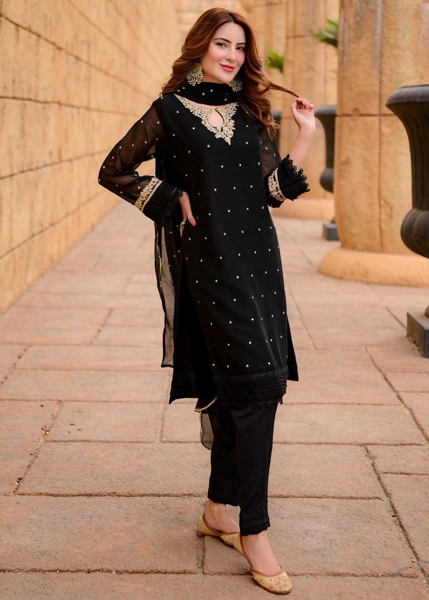 Pakistani Black Embroidered Chiffon Straight Kurta Set (3-Piece) - Image 6