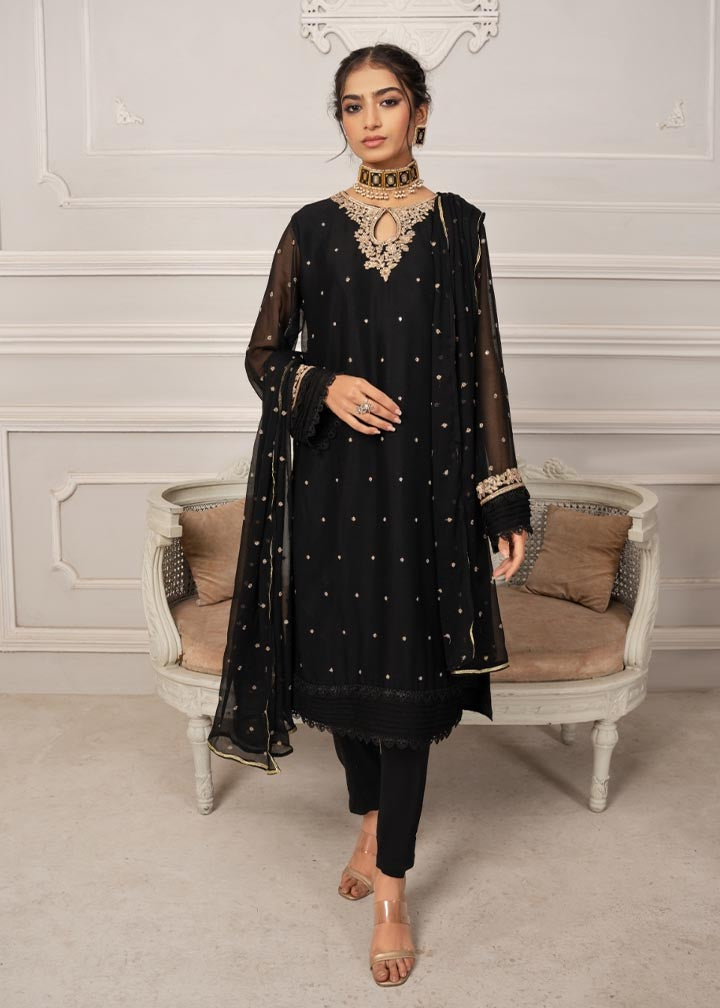Pakistani Black Embroidered Chiffon Straight Kurta Set (3-Piece) - Image 7