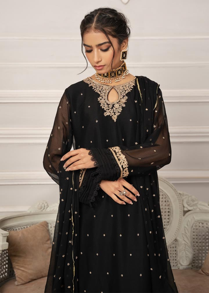Pakistani Black Embroidered Chiffon Straight Kurta Set (3-Piece) - Image 8