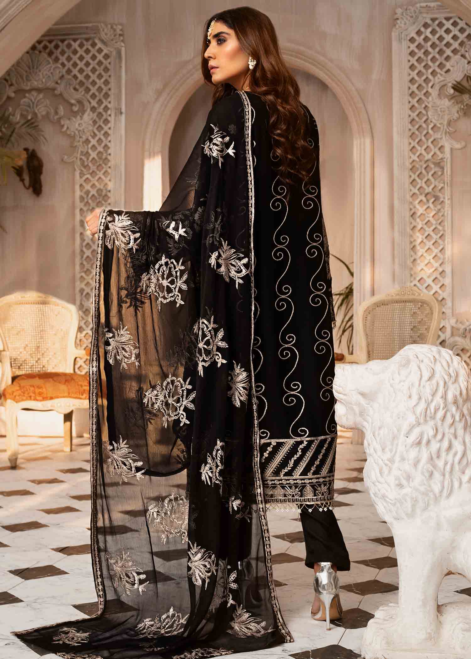 Black Embroidered Chiffon Kurta Set (3-Piece) - Image 6