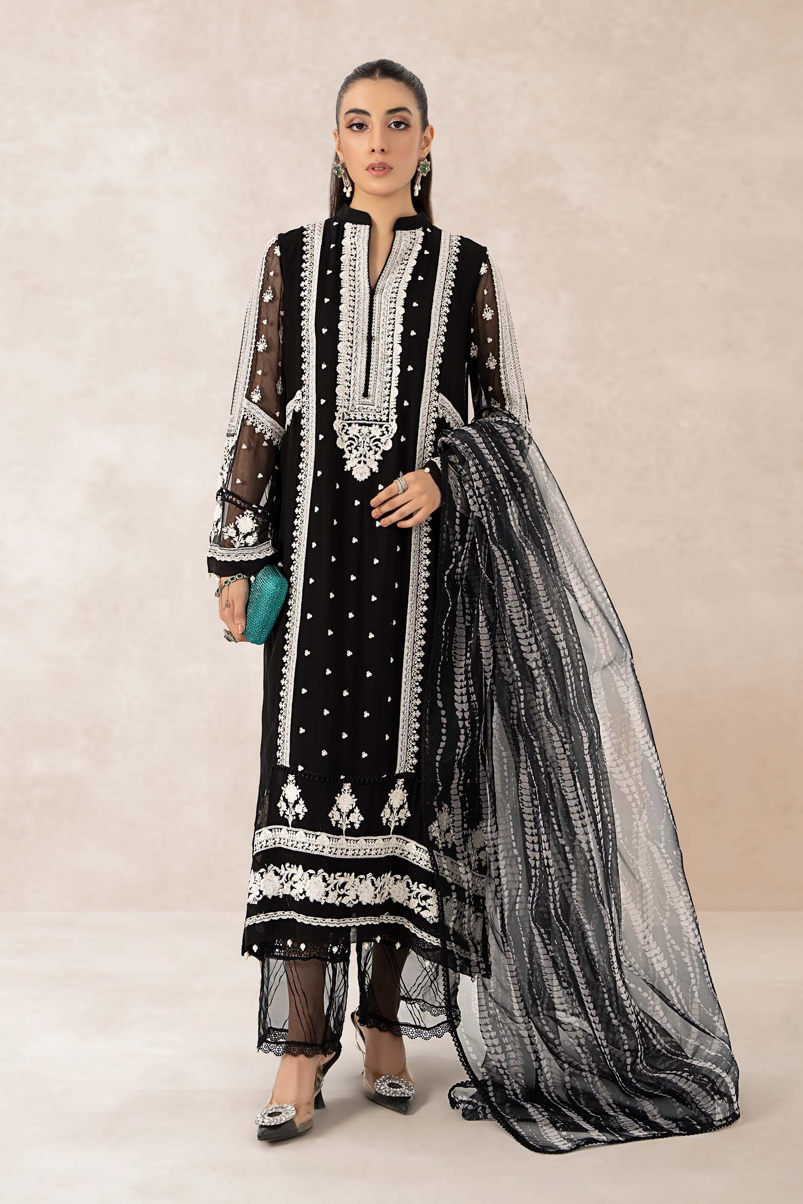 Pakistani Black Embroidered Crinkle Chiffon 3-Piece Suit - Image 1