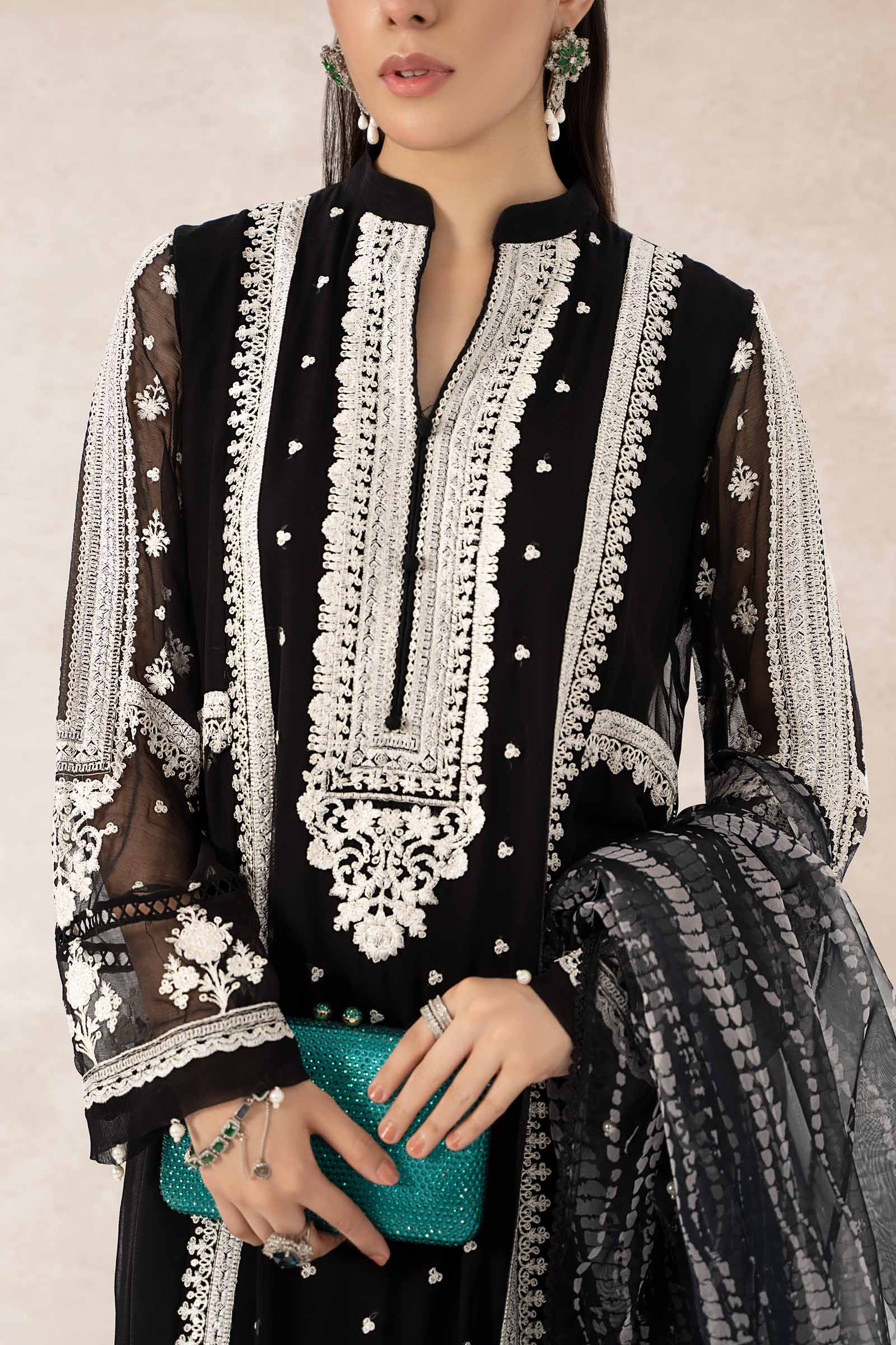 Pakistani Black Embroidered Crinkle Chiffon 3-Piece Suit - Image 3