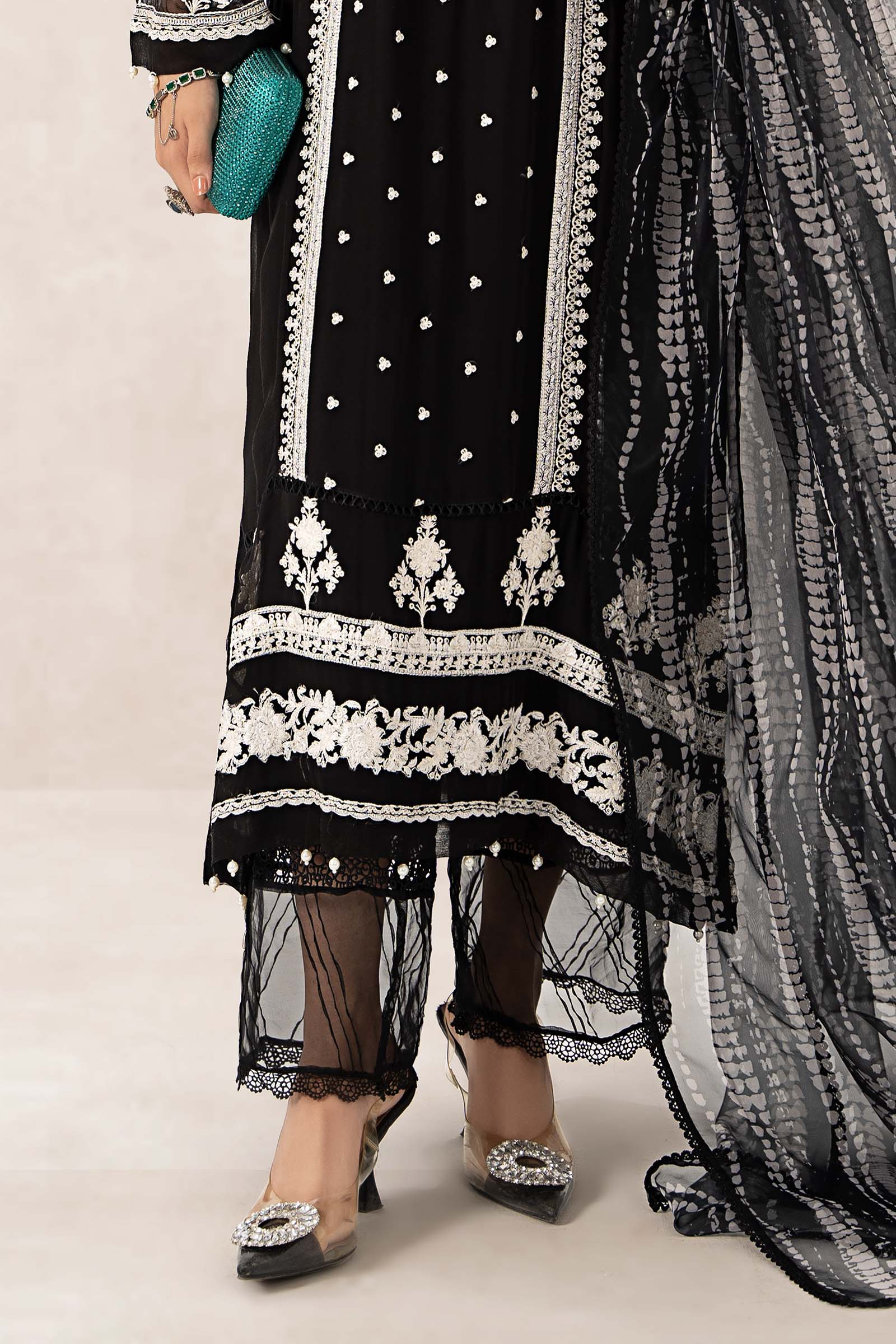 Pakistani Black Embroidered Crinkle Chiffon 3-Piece Suit - Image 4