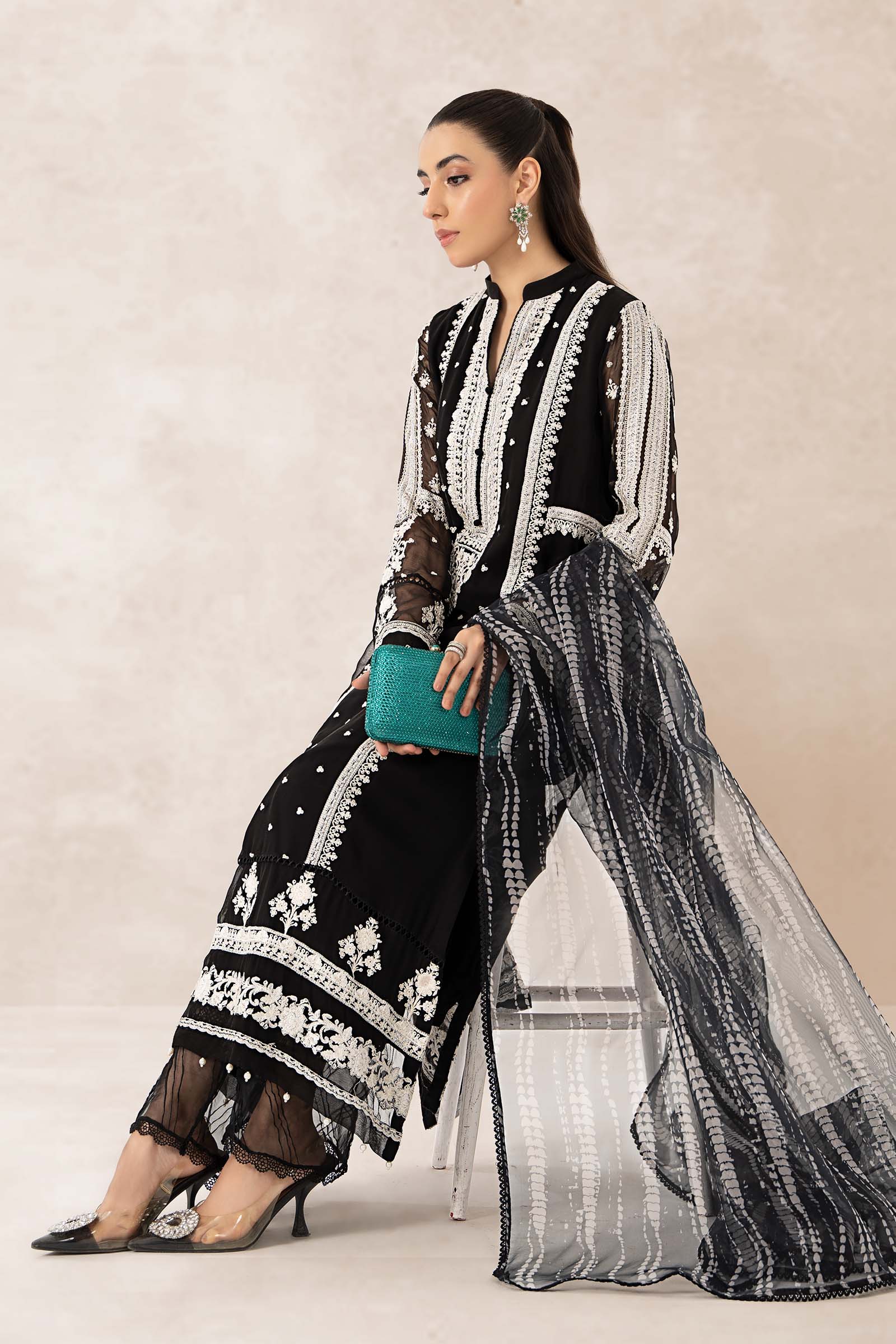Pakistani Black Embroidered Crinkle Chiffon 3-Piece Suit - Image 5
