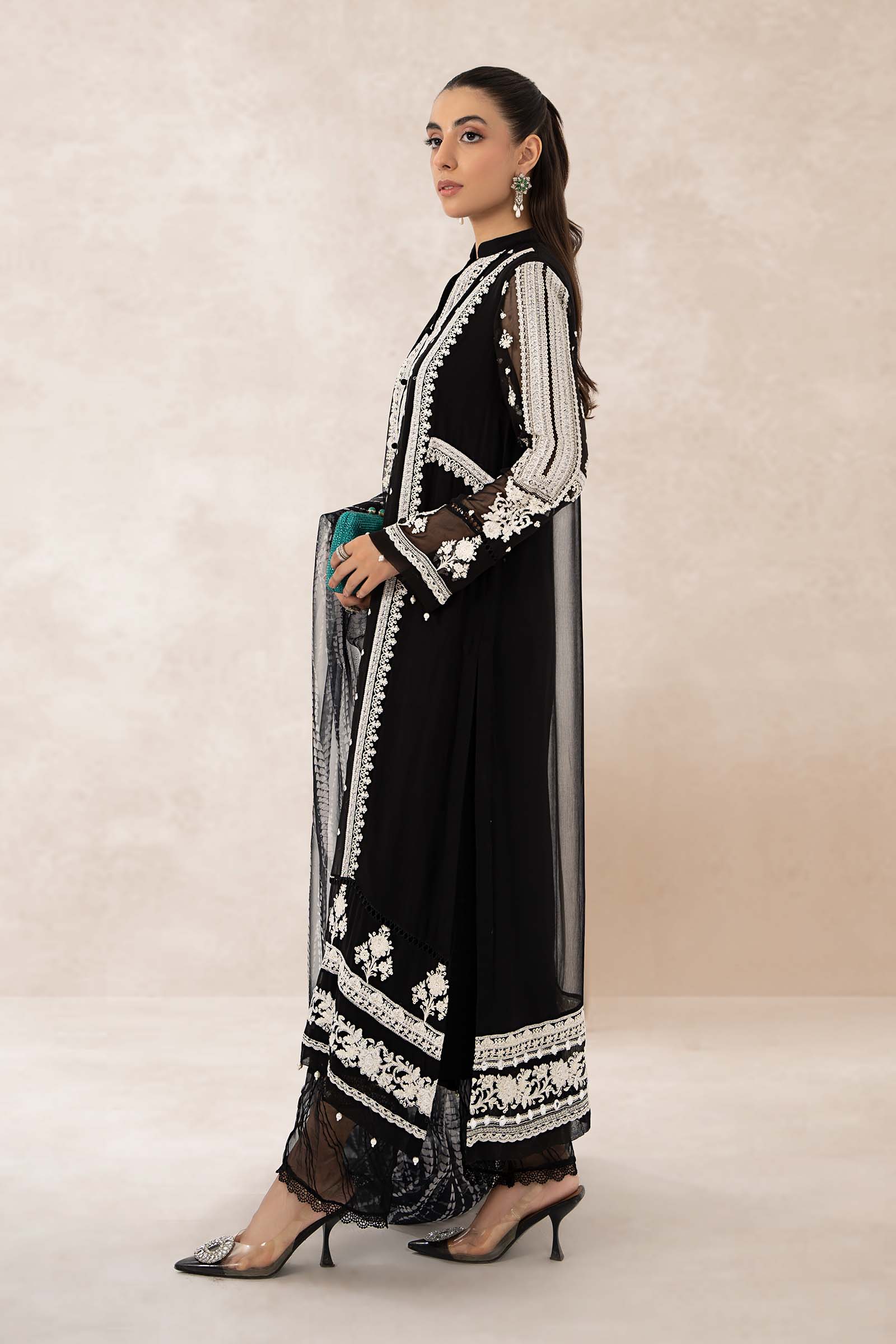 Pakistani Black Embroidered Crinkle Chiffon 3-Piece Suit - Image 6