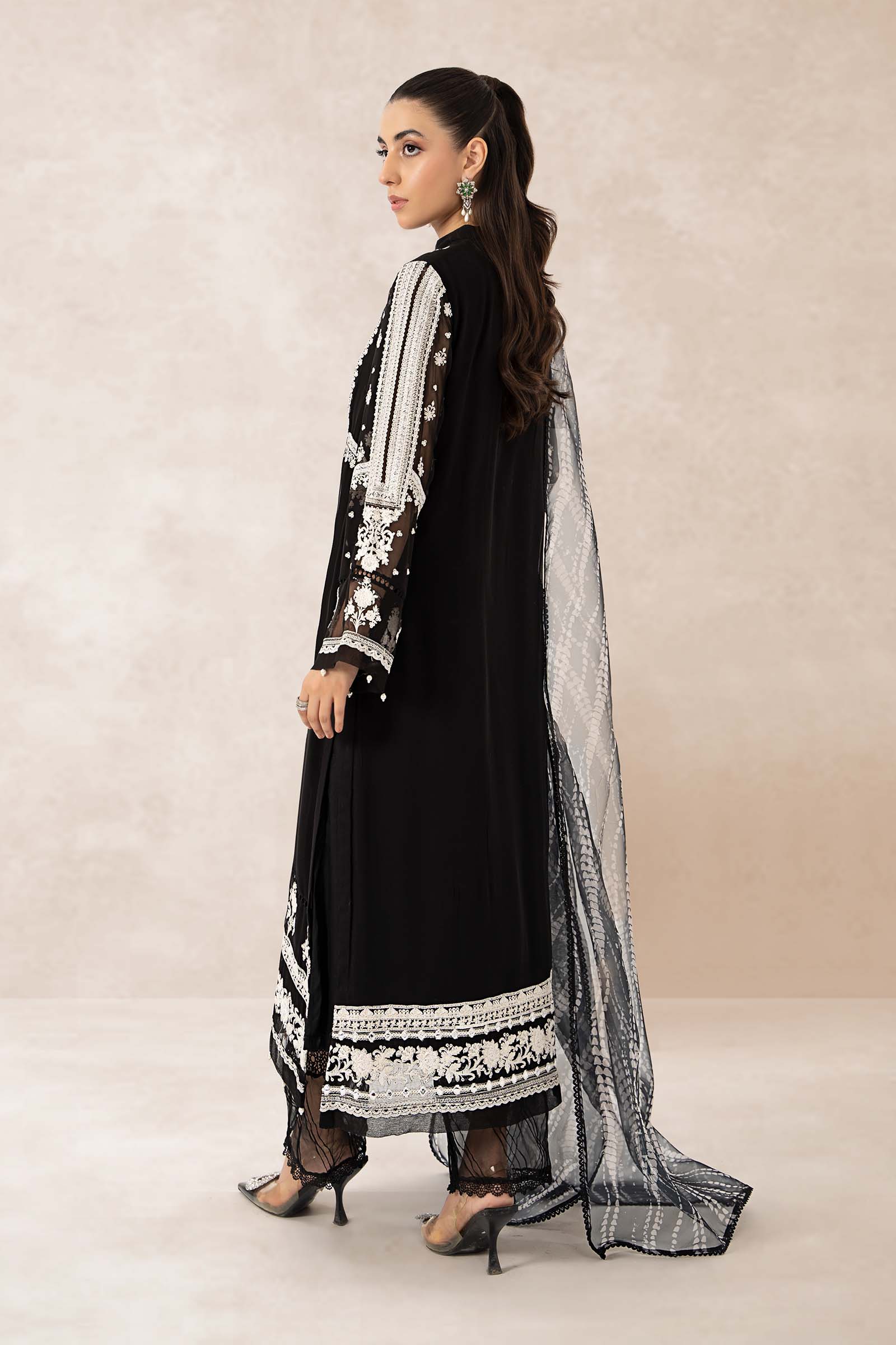 Pakistani Black Embroidered Crinkle Chiffon 3-Piece Suit - Image 7