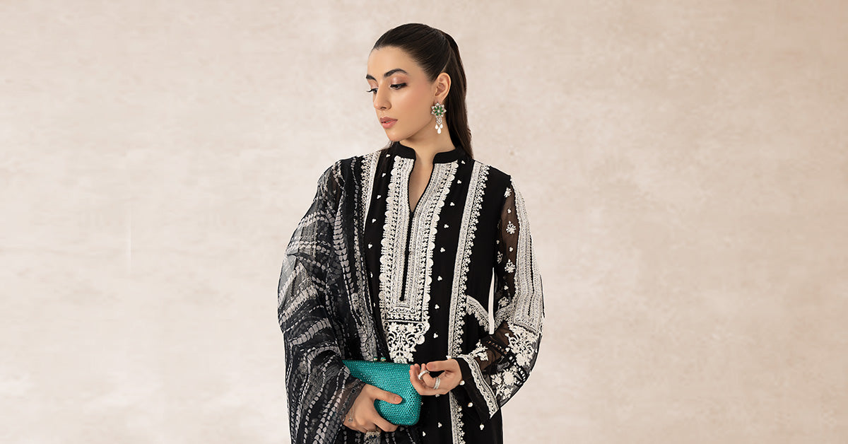 Pakistani Black Embroidered Crinkle Chiffon 3-Piece Suit - Image 8