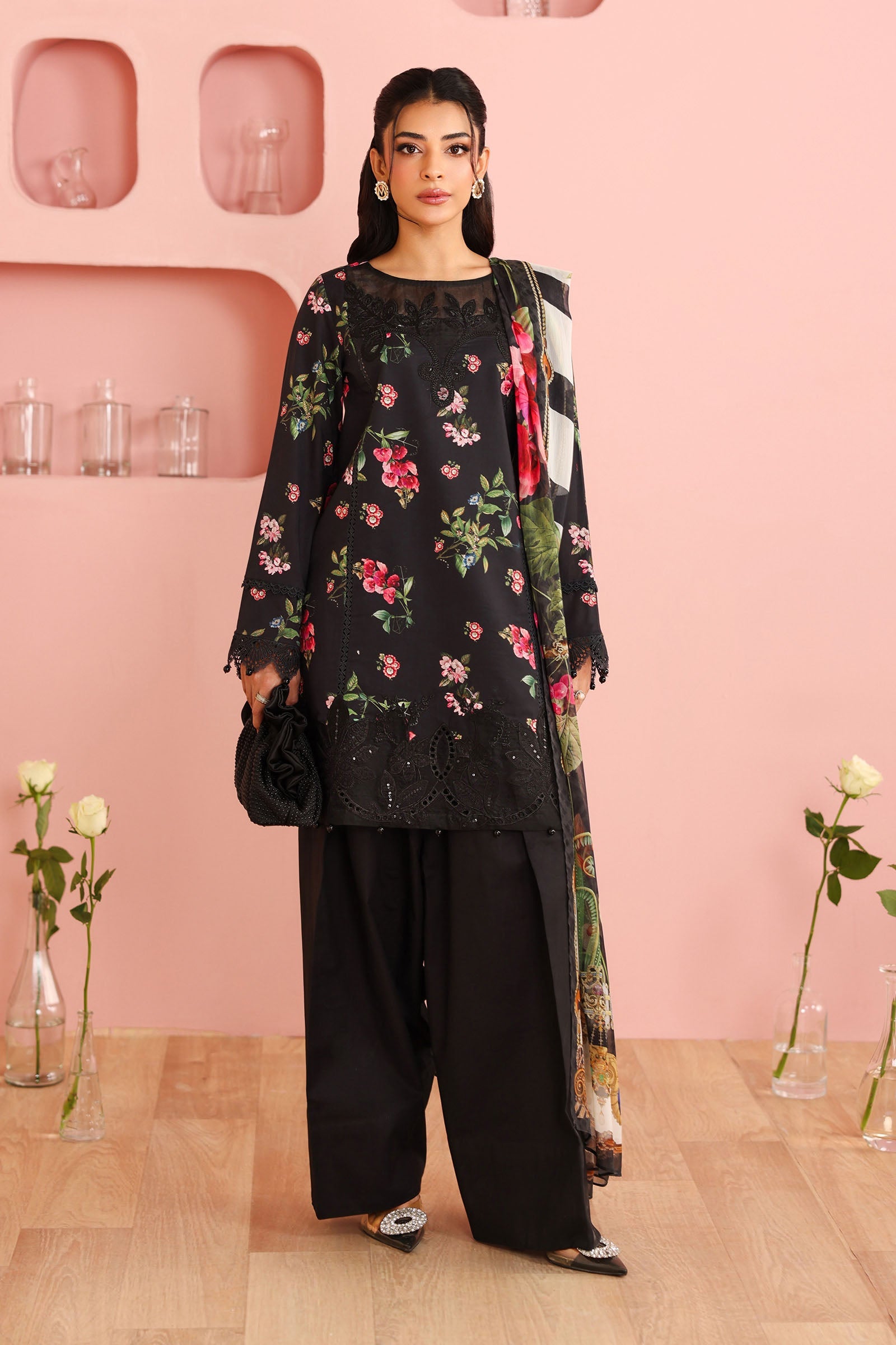 Black Embroidered Cotton 3-Piece Suit - Image 1