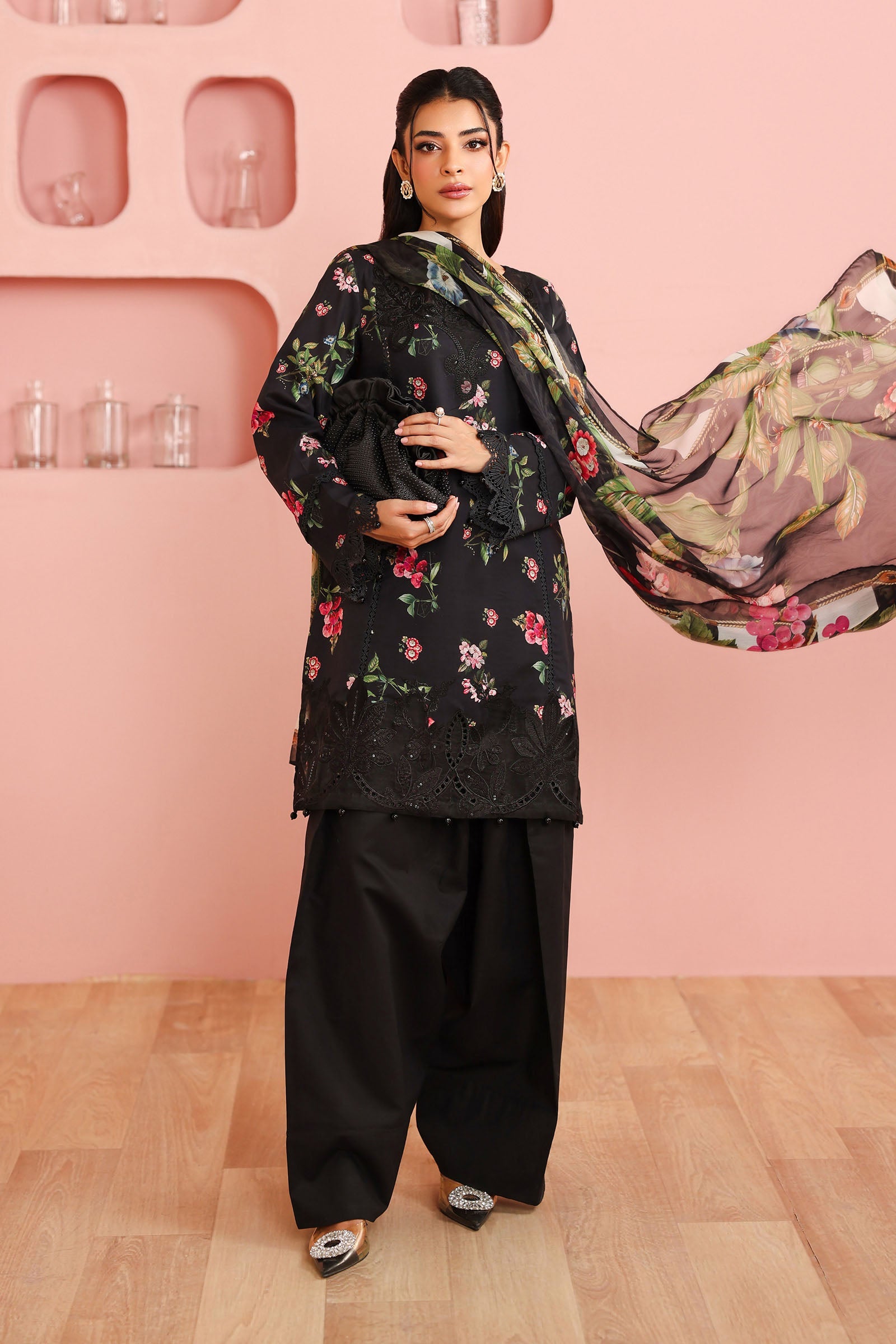 Black Embroidered Cotton 3-Piece Suit - Image 4