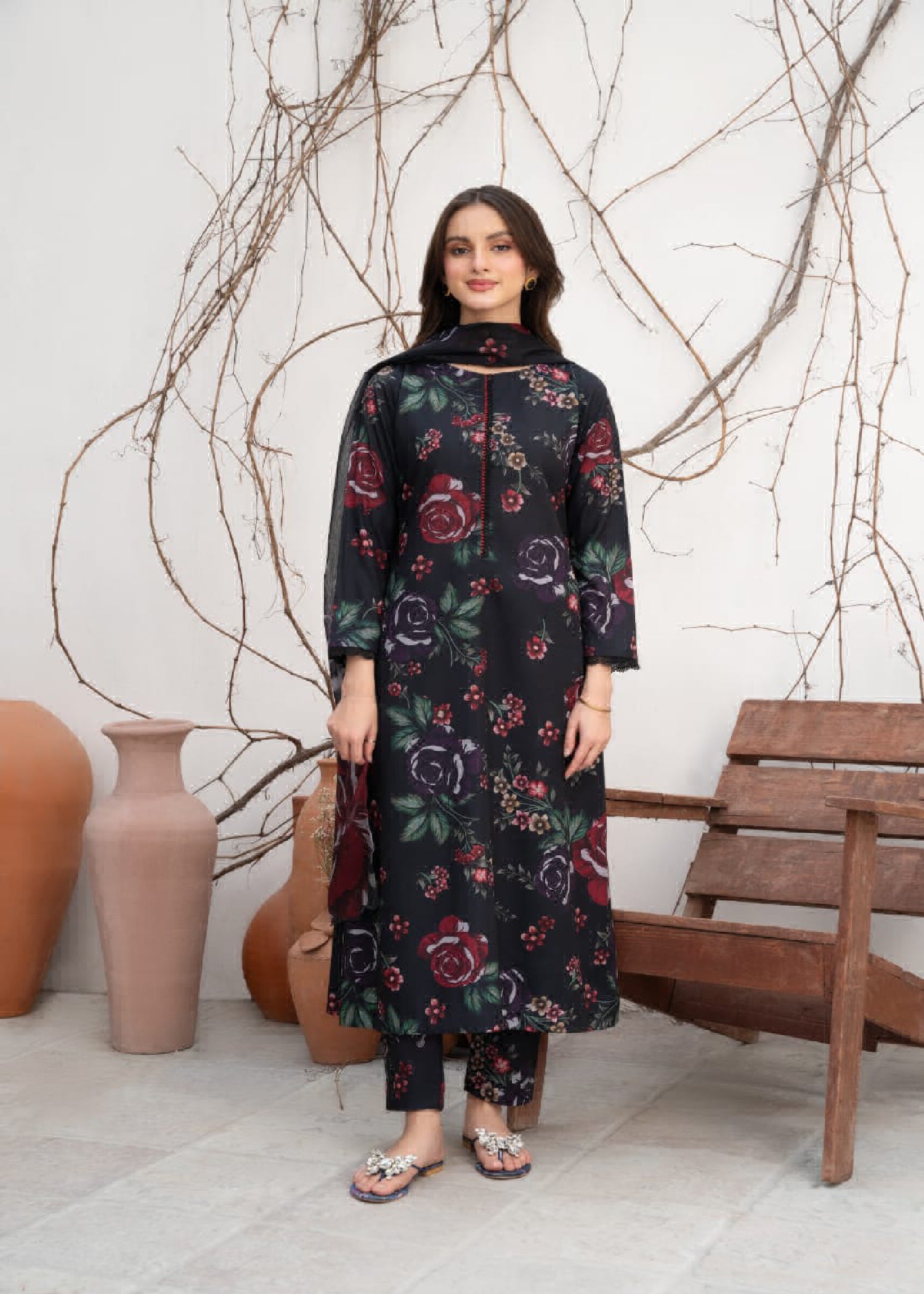 Pakistani Black Printed & Embroidered Cotton Kurta Set (3-Piece) - Image 1