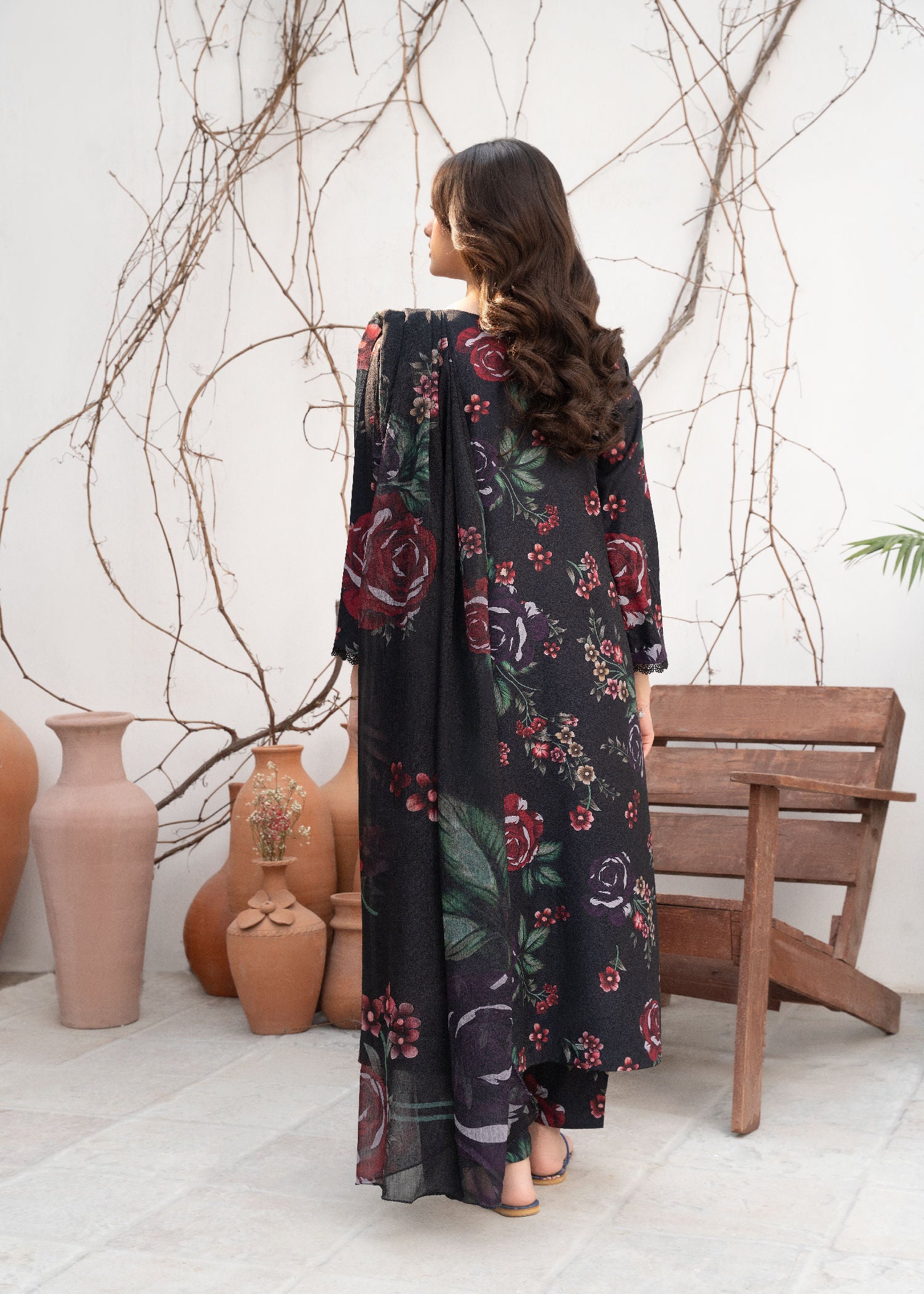 Pakistani Black Printed & Embroidered Cotton Kurta Set (3-Piece) - Image 3