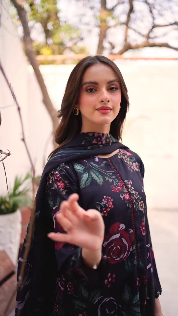 Pakistani Black Printed & Embroidered Cotton Kurta Set (3-Piece) - Image 6