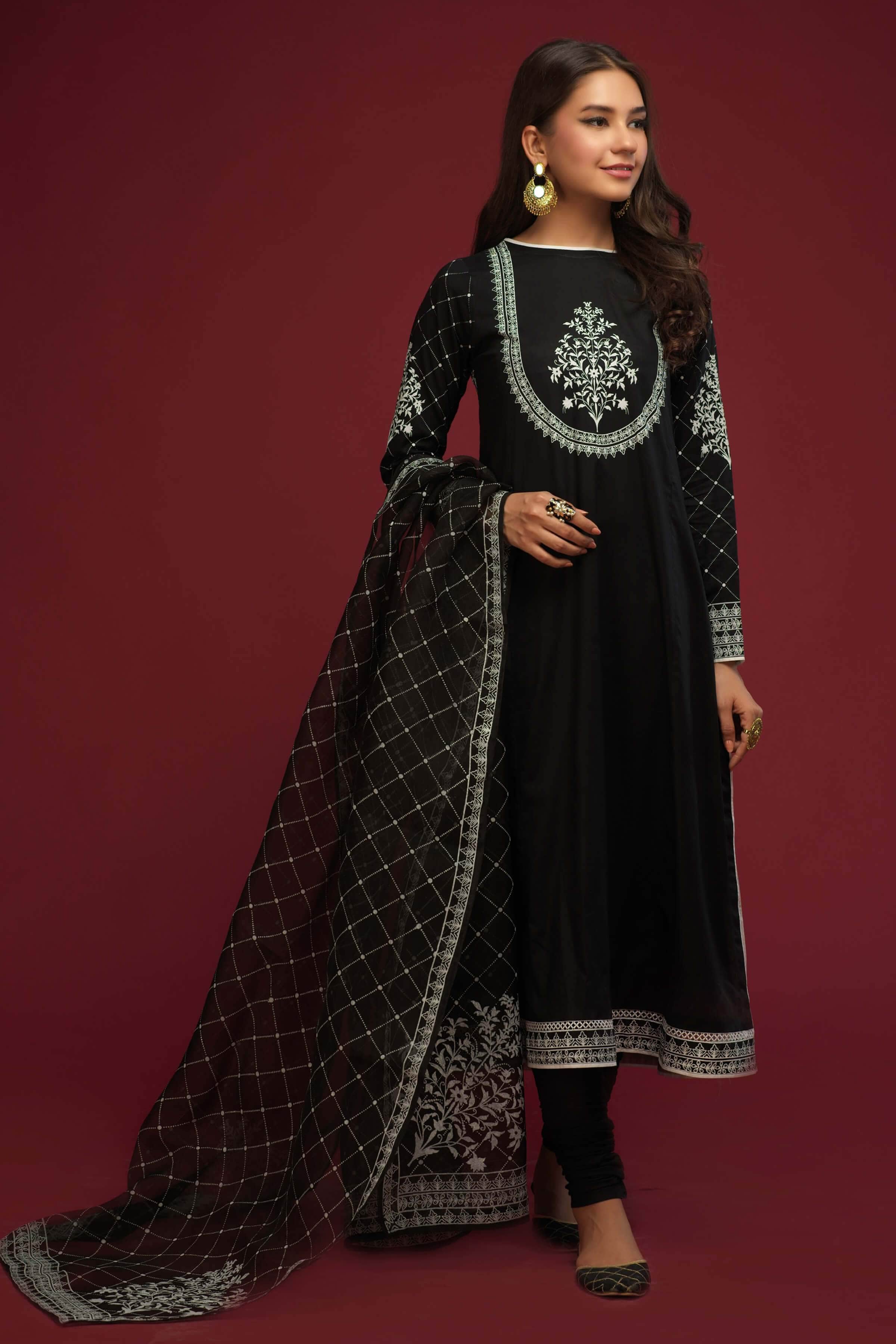 Black Screen-Printed Cotton Lawn Salwar Kameez (3-Piece) - Image 2