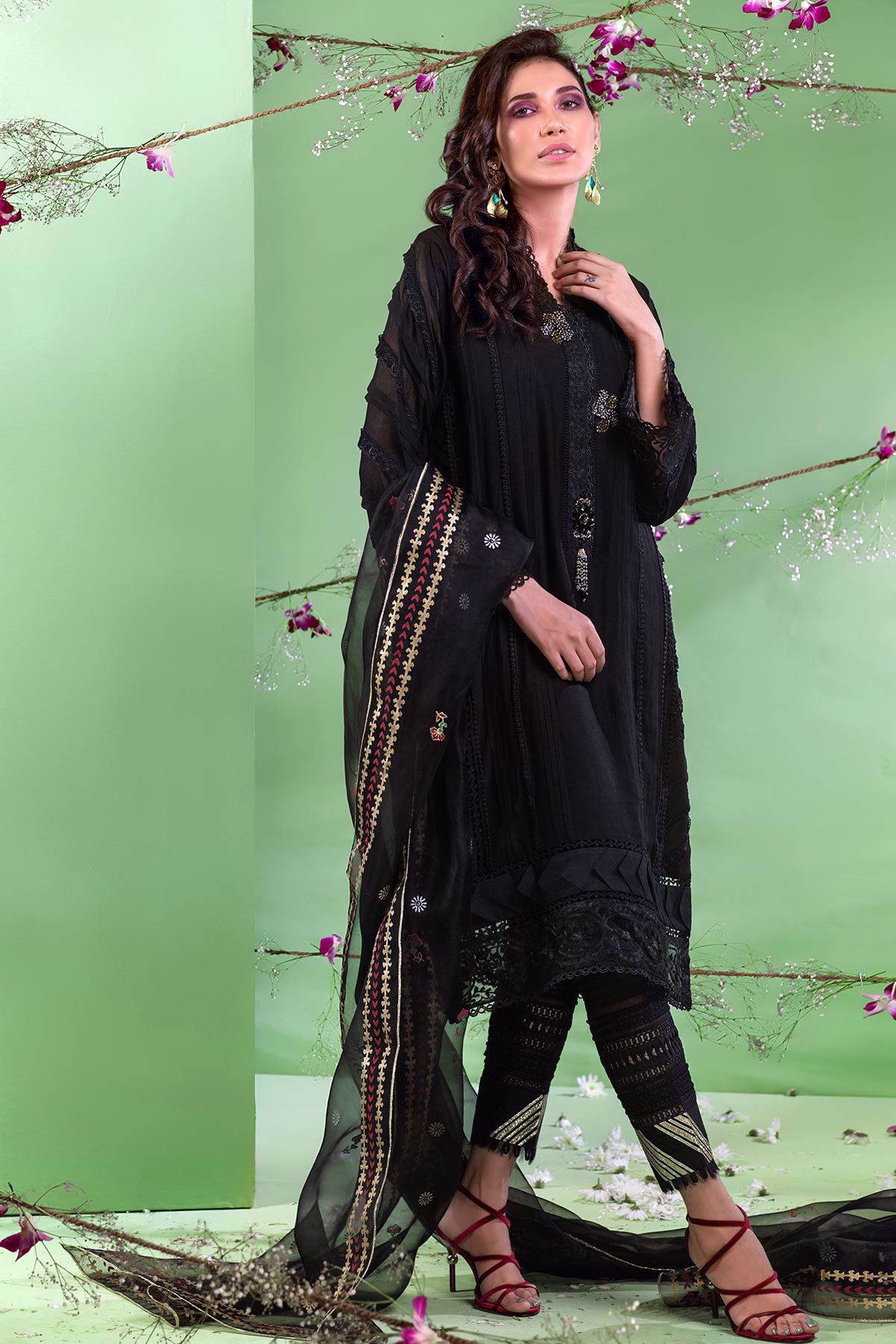 Black Crystal Cotton Net Salwar Kameez (3-Piece) - Image 1