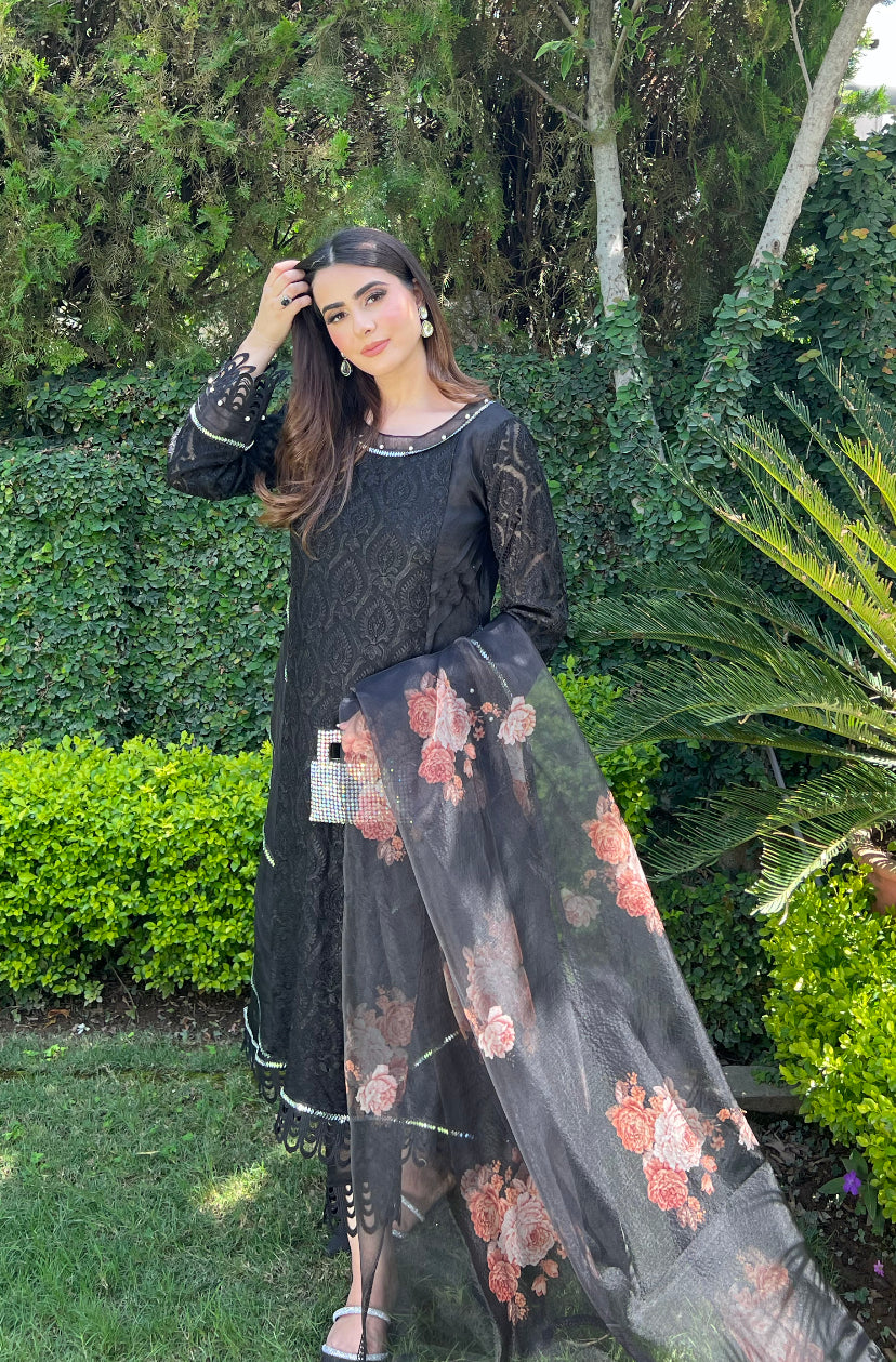 Pakistani Black Embroidered Cotton Net Salwar Kameez (3-Piece) - Image 5